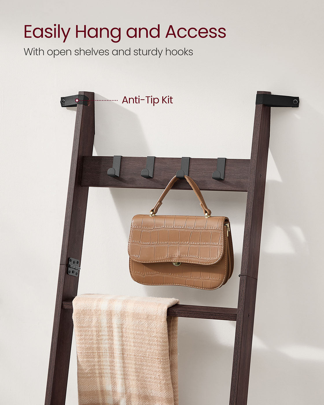 Blanket Ladder 5-Tier Ladder Shelf 4 Removable Hooks Maroon Brown - Maroon Brown