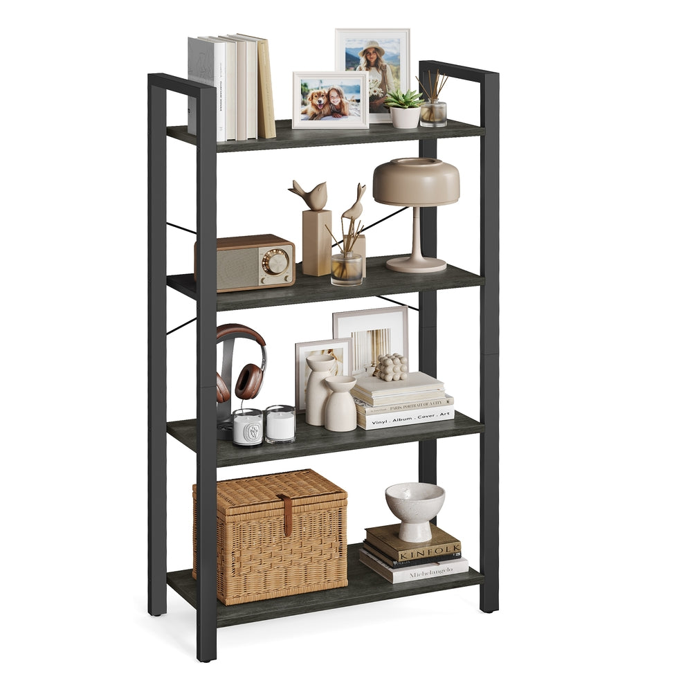 4-Tier Bookcase with Steel Frame - Charcoal Gray, Black