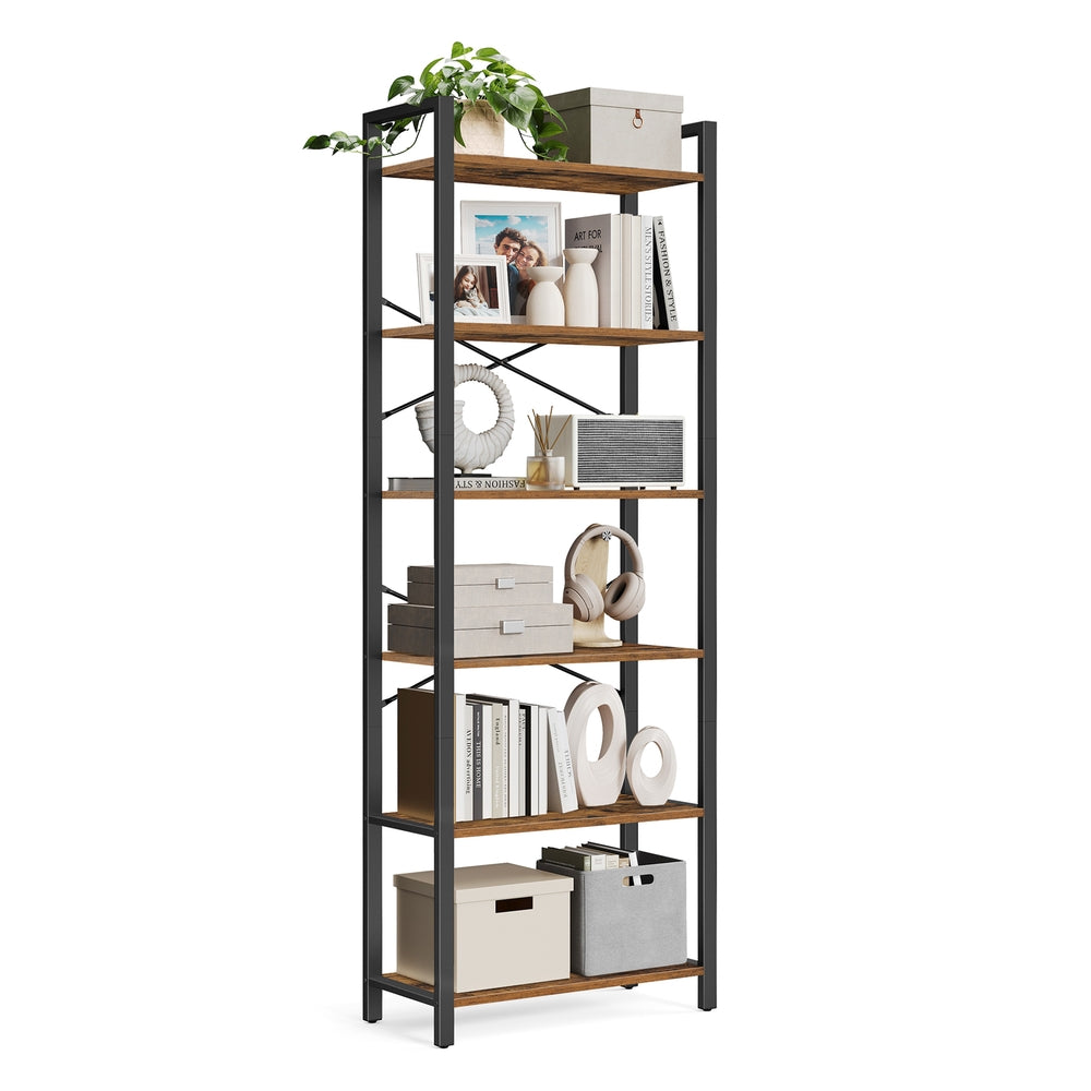 Industrial 6-Tier Bookshelf with Steel Frame - Rustic Brown, Black - 11.8"D x 26"W x 73.2"H