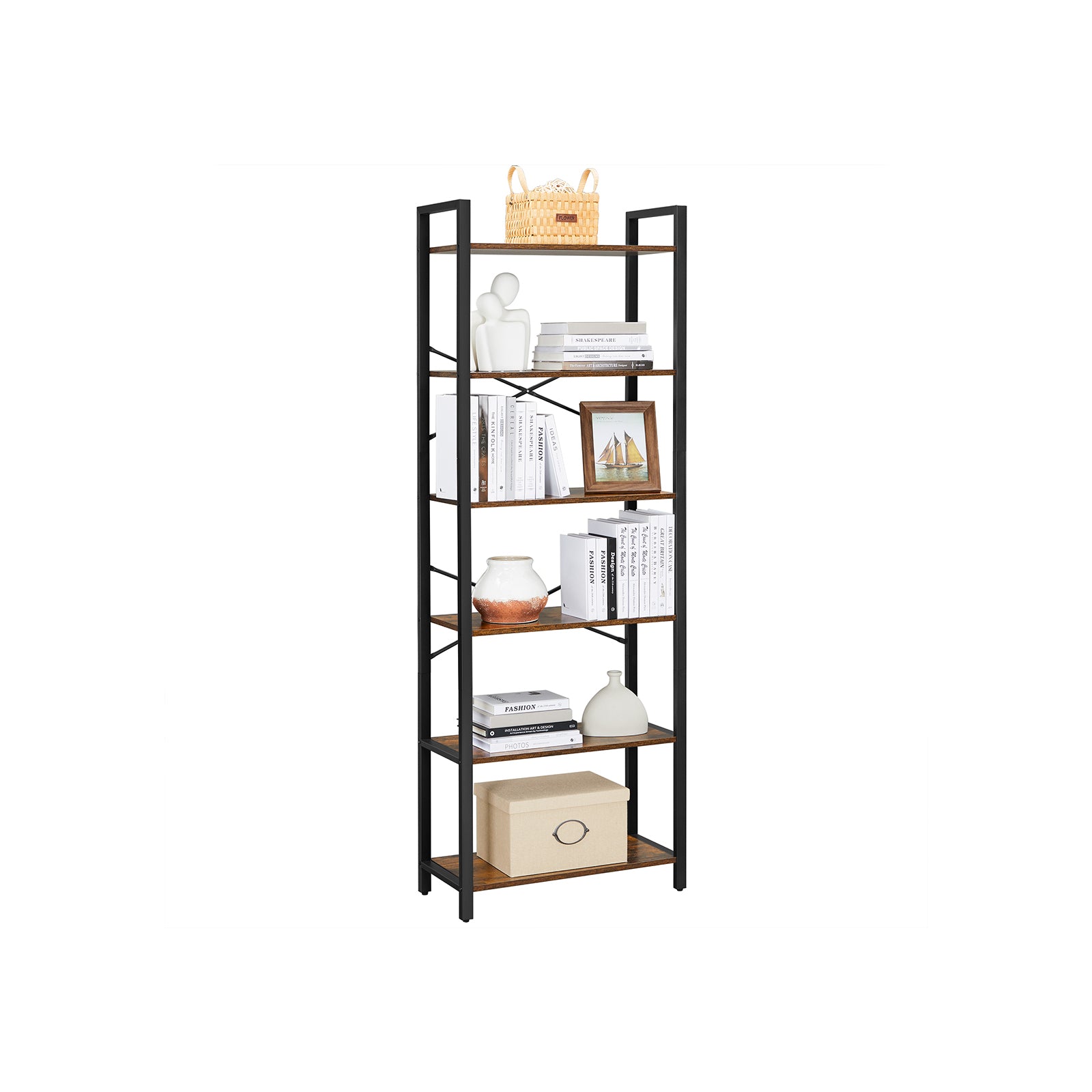 Industrial 6-Tier Bookshelf with Steel Frame - Rustic Brown, Black