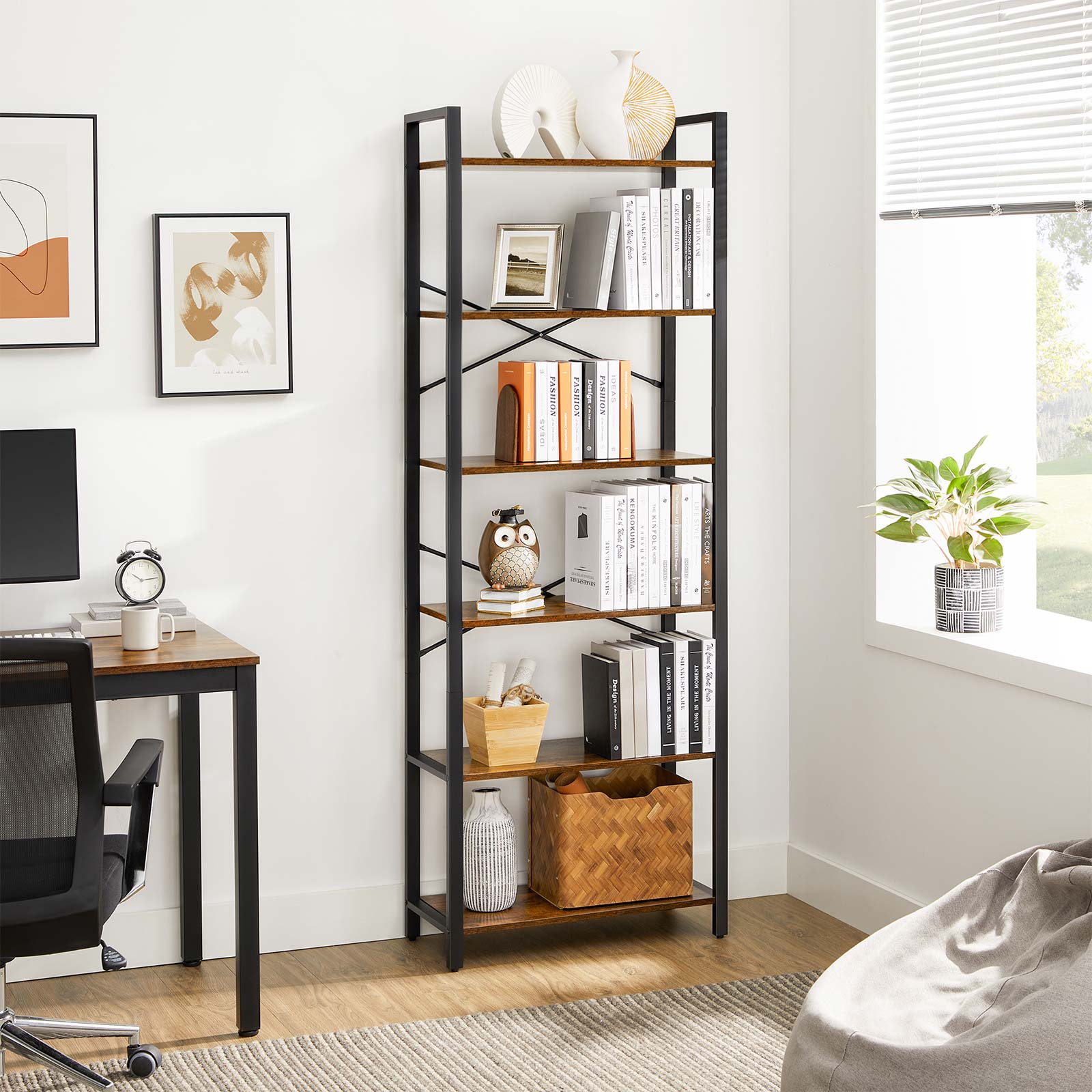 Industrial 6-Tier Bookshelf with Steel Frame - Rustic Brown, Black