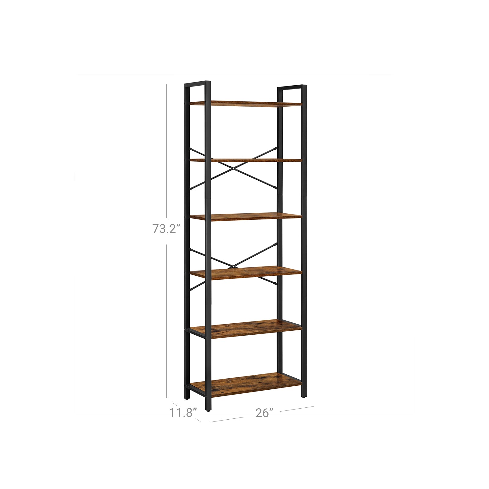 Industrial 6-Tier Bookshelf with Steel Frame - Rustic Brown, Black