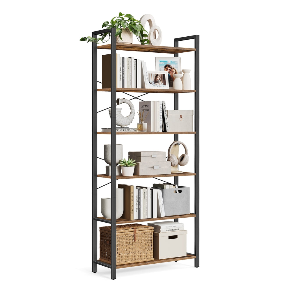 Industrial 6-Tier Bookshelf with Steel Frame - Rustic Brown, Black - 11.8"D x 31.5"W x 73.2"H