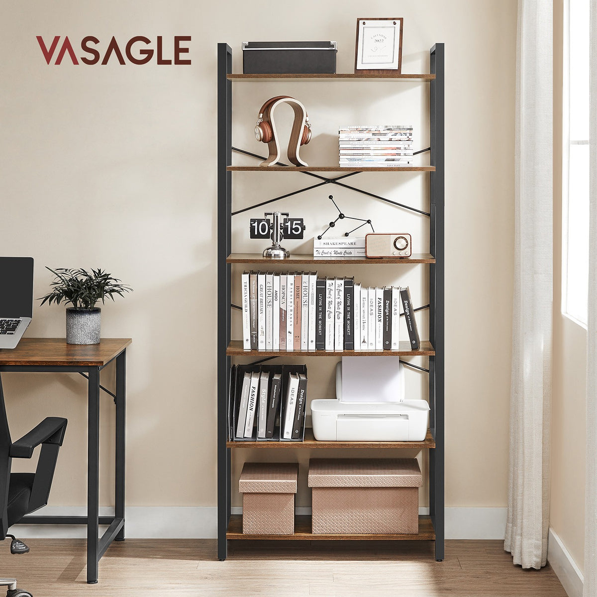 Industrial 6-Tier Bookshelf - Steel Frame - Holds 132 lb