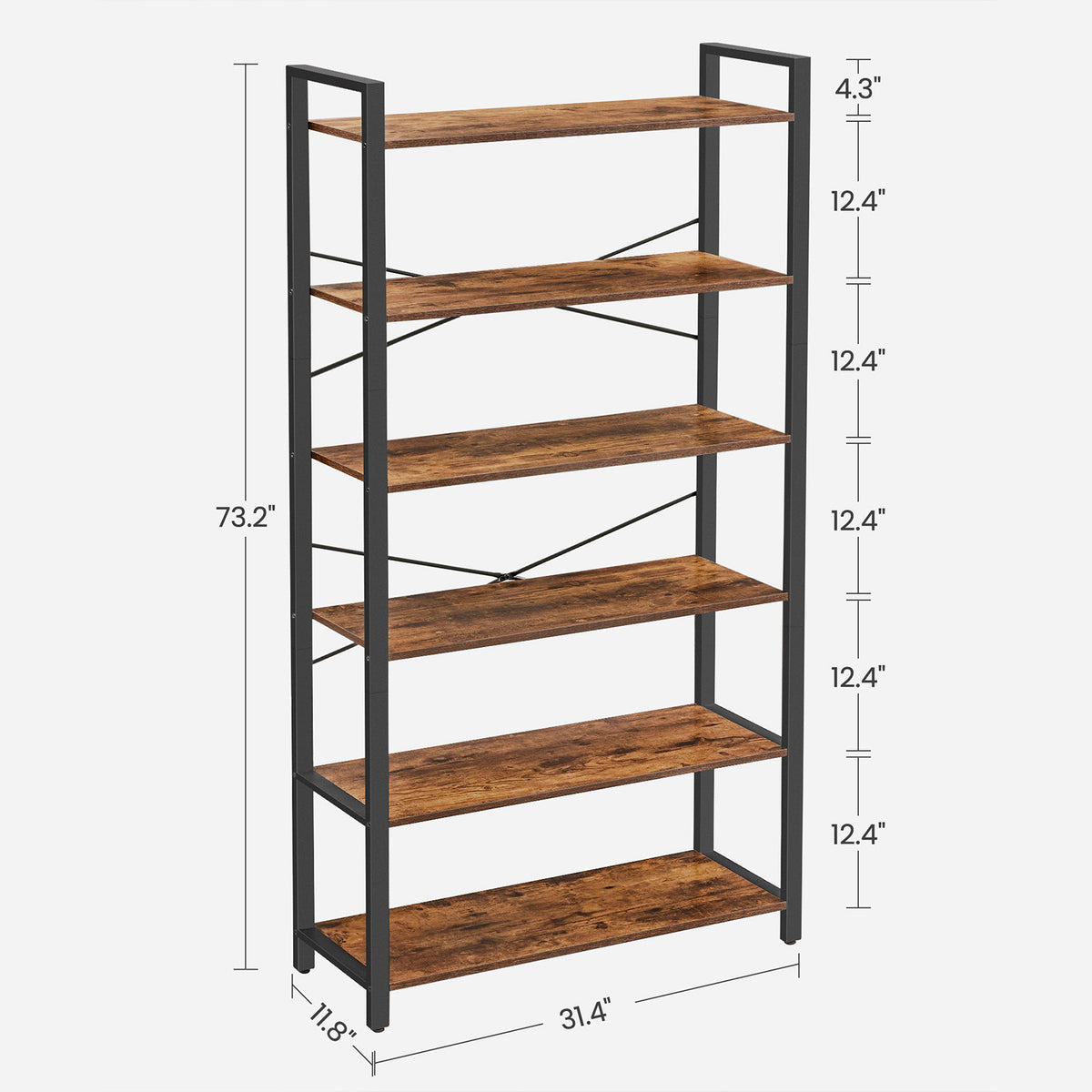 Industrial 6-Tier Bookshelf - Steel Frame - Holds 132 lb