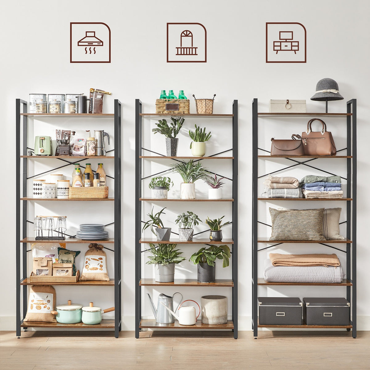 Industrial 6-Tier Bookshelf - Steel Frame - Holds 132 lb