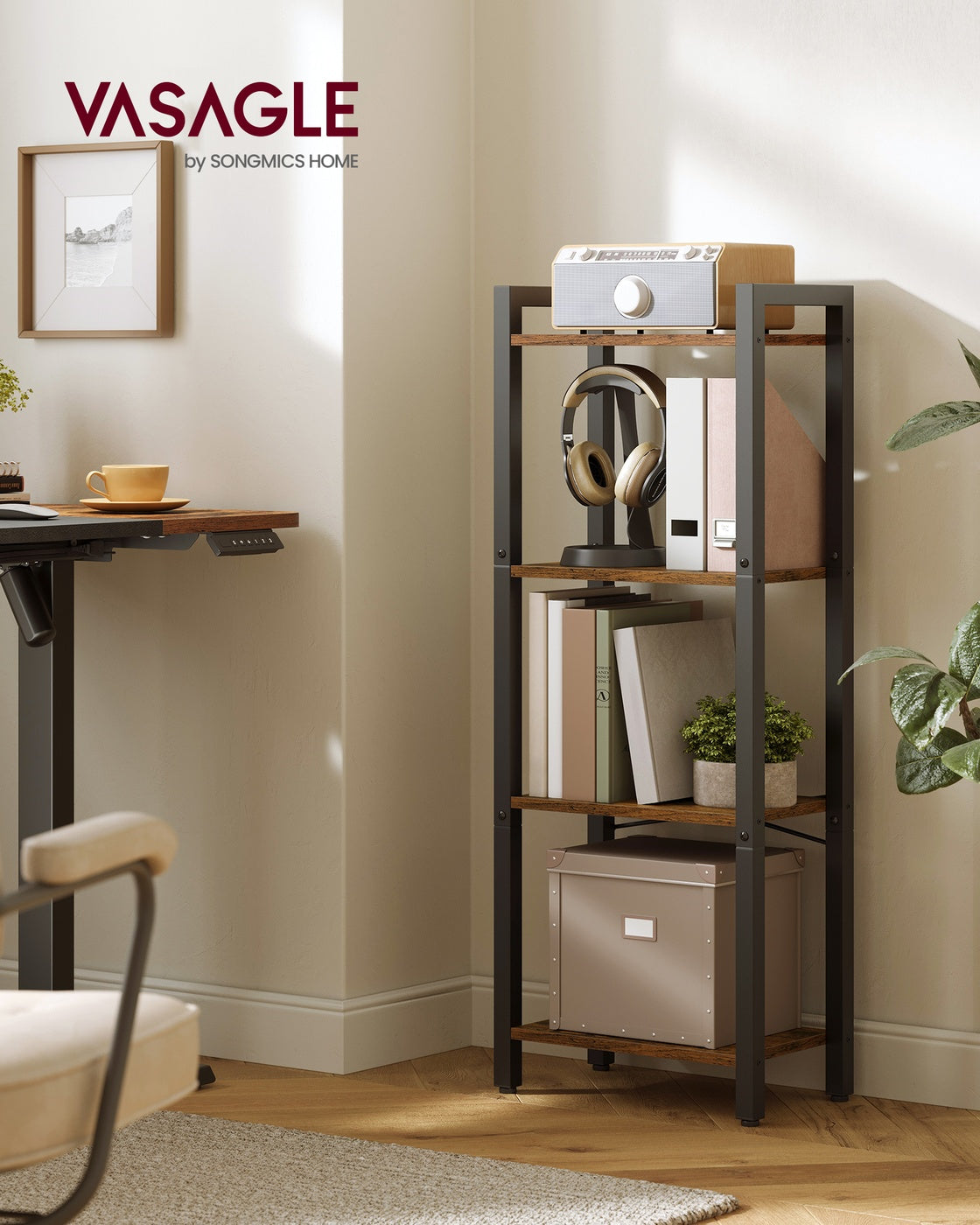 4-Tier Bookshelf - 9.4 x 15.7 x 42 Inches - Brown and Black - Rustic Brown, Black