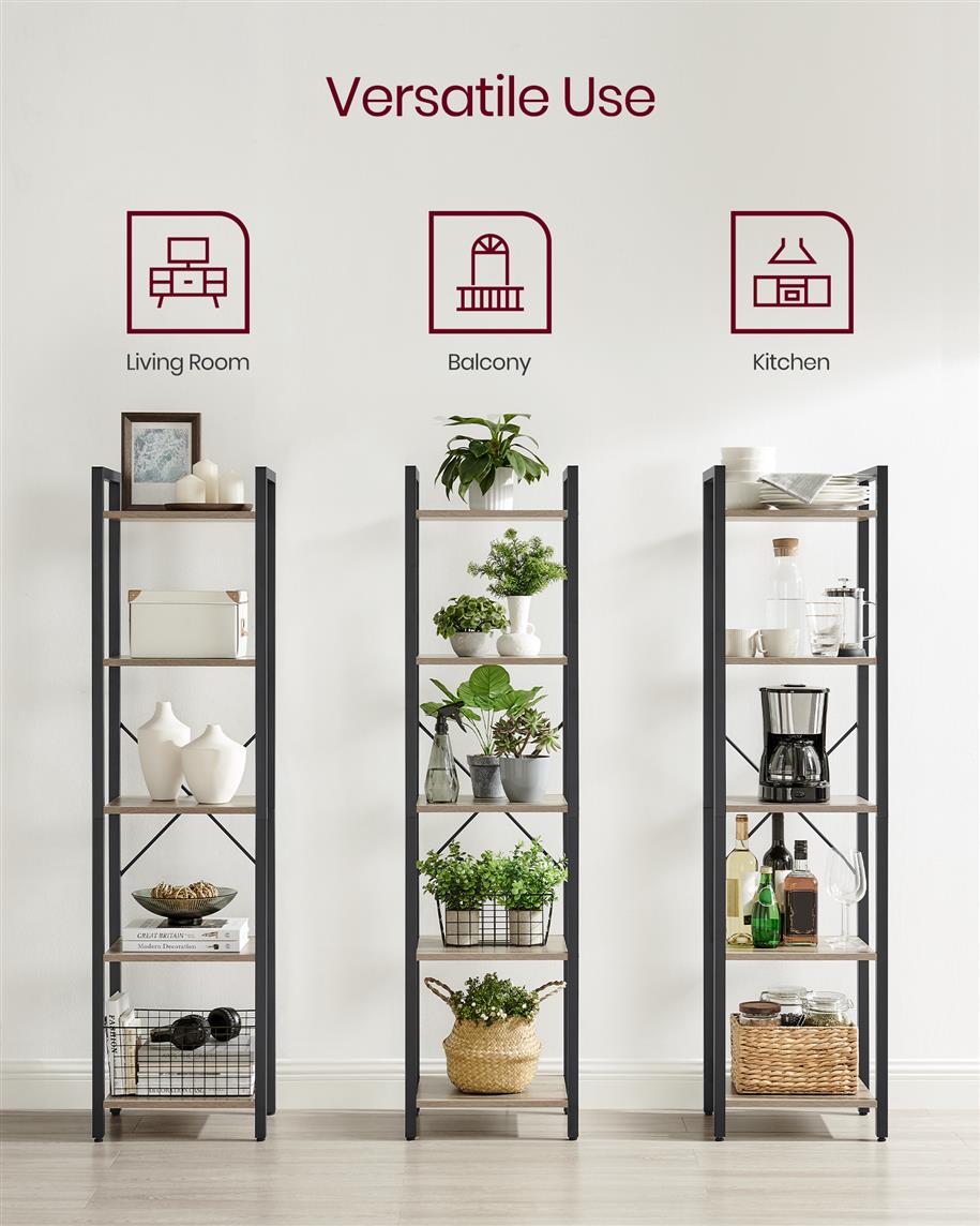 5 Tier Bookcase Storage Shelf - Rustic Brown