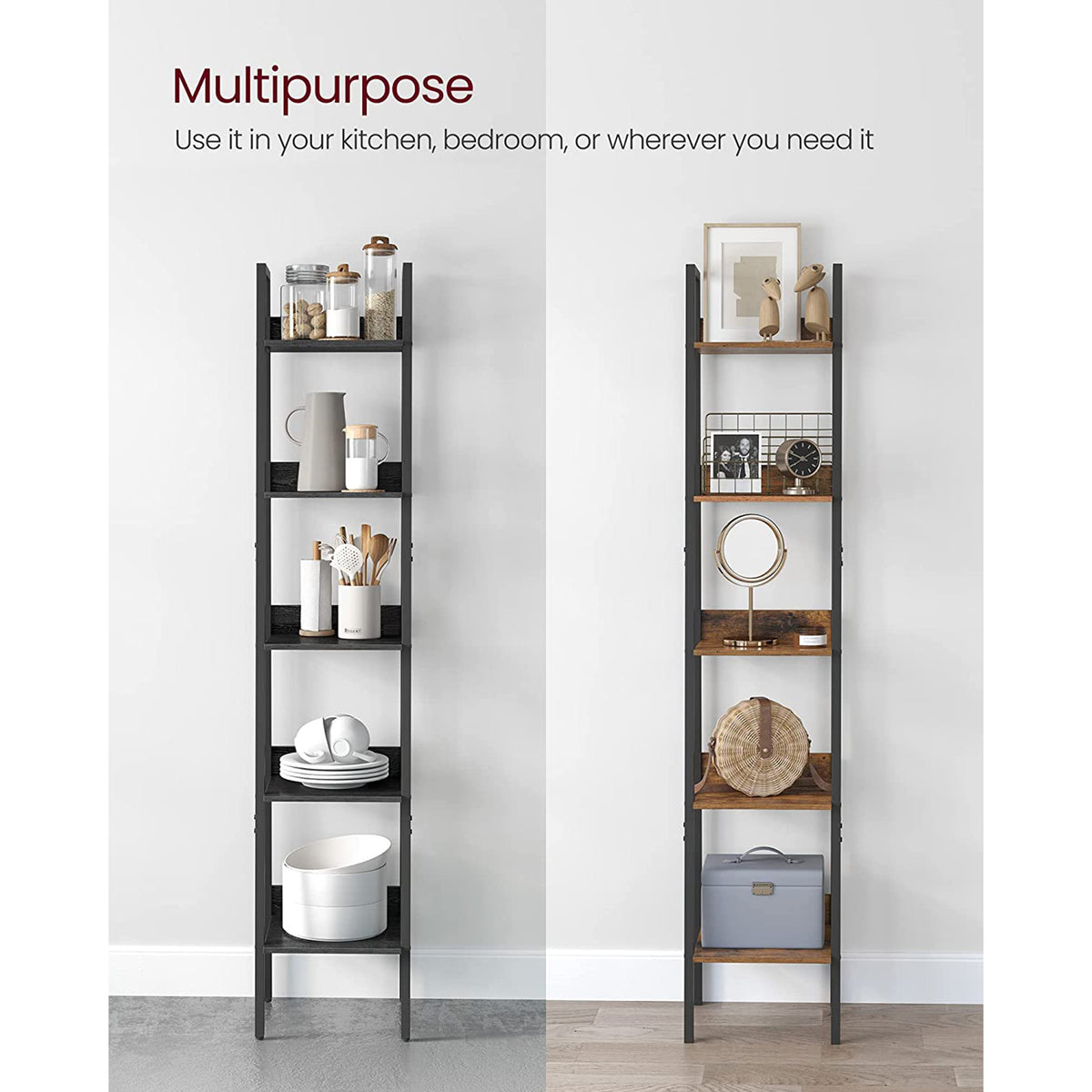 Bookcase - 5-Tier Narrow Design - Industrial Steel Frame - 67 inch
