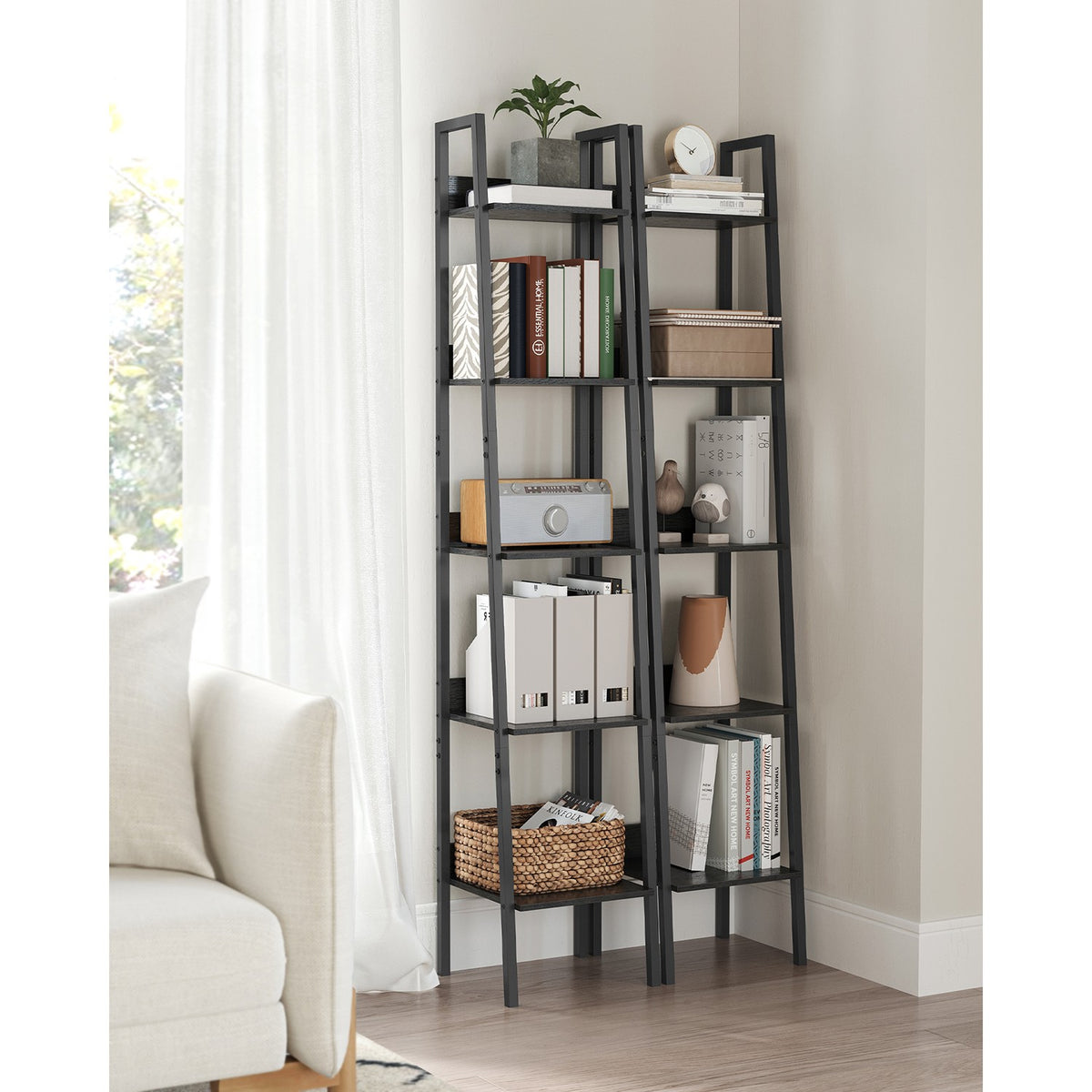 Bookcase - 5-Tier Narrow Design - Industrial Steel Frame - 67 inch