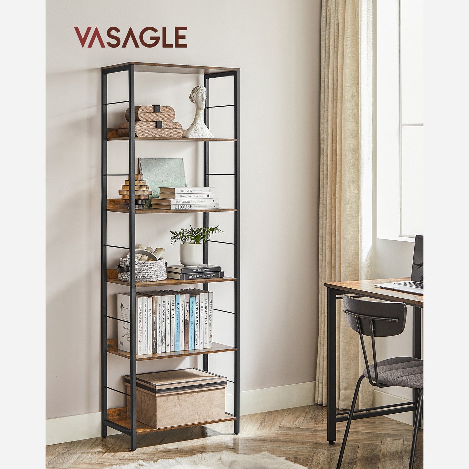 6-Tier Industrial Bookshelf - Rustic Brown, Black