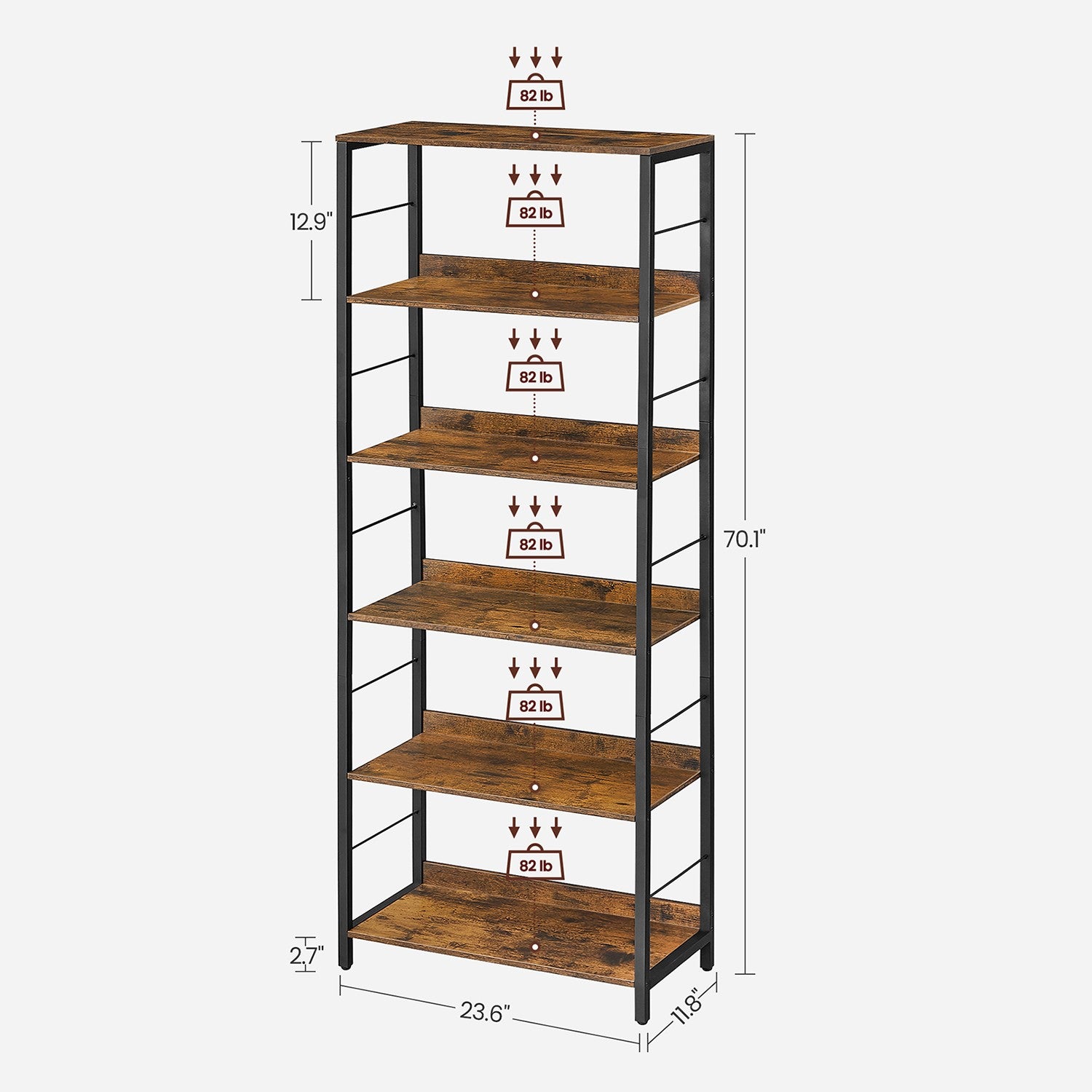 6-Tier Industrial Bookshelf - Rustic Brown, Black