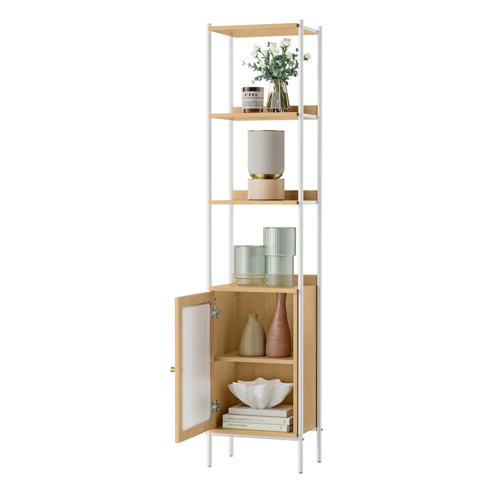 6-Tier Slim Bookshelf with PC Door - Oak Beige, Pearl White