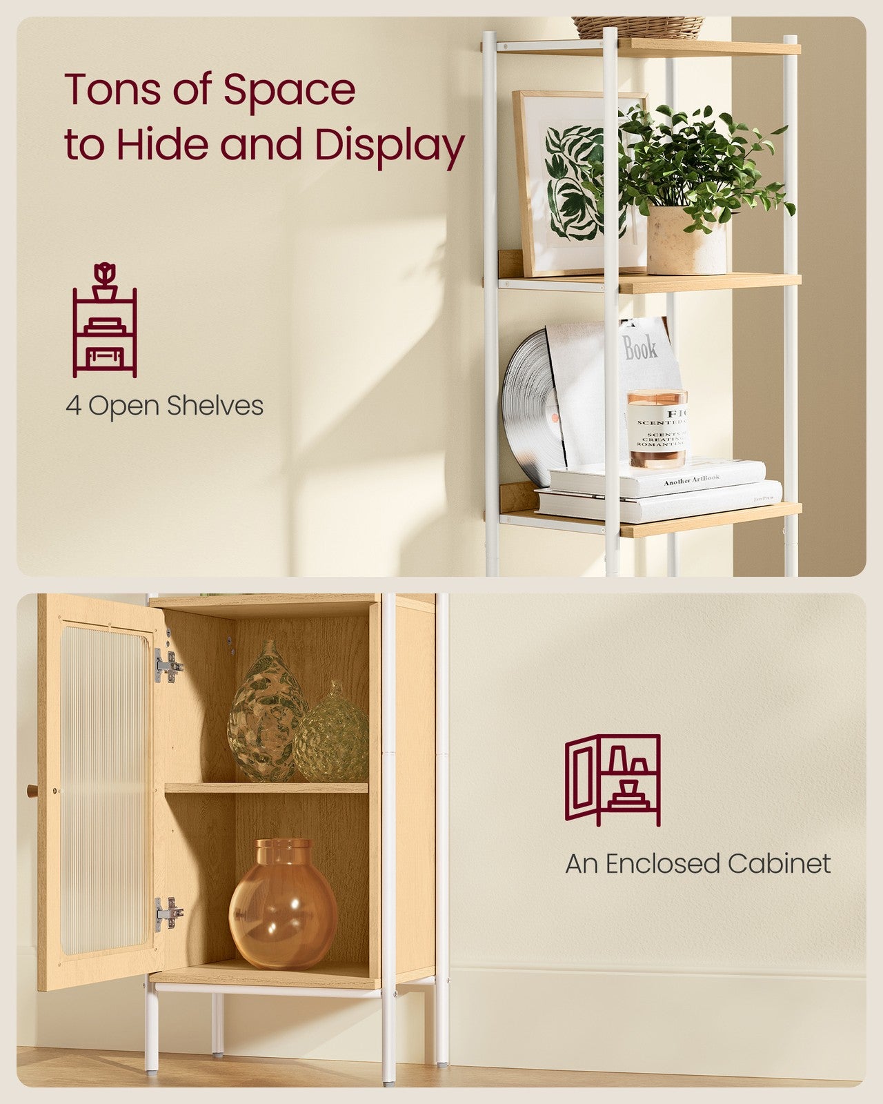 6-Tier Slim Bookshelf with PC Door - Oak Beige, Pearl White