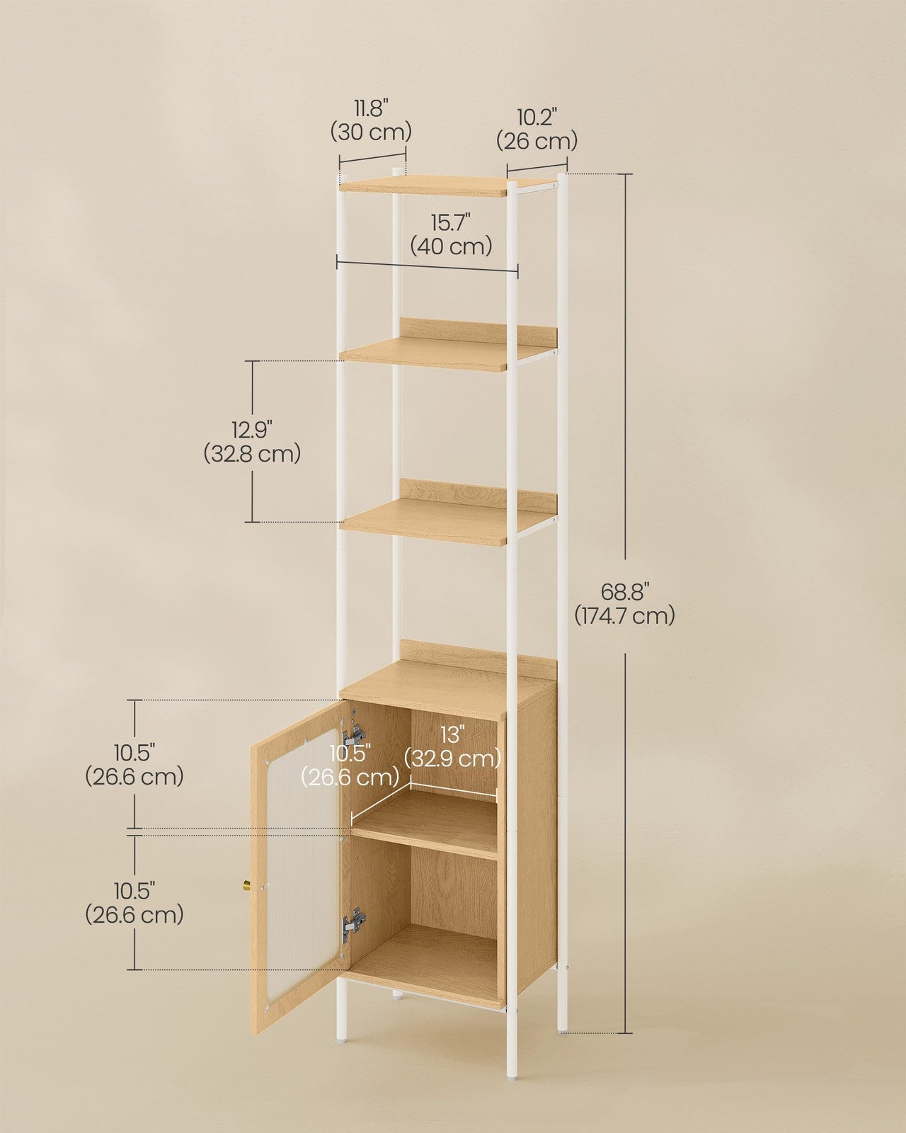 6-Tier Slim Bookshelf with PC Door - Oak Beige, Pearl White