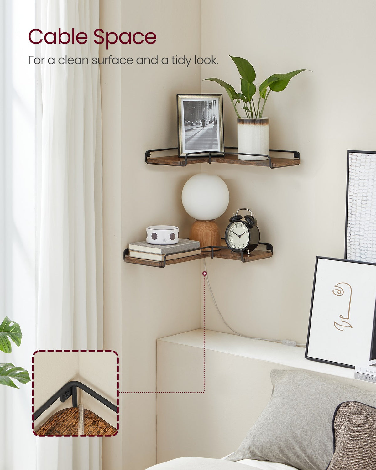 Corner Wall Shelf - Floating - Cable Space - Set of 2