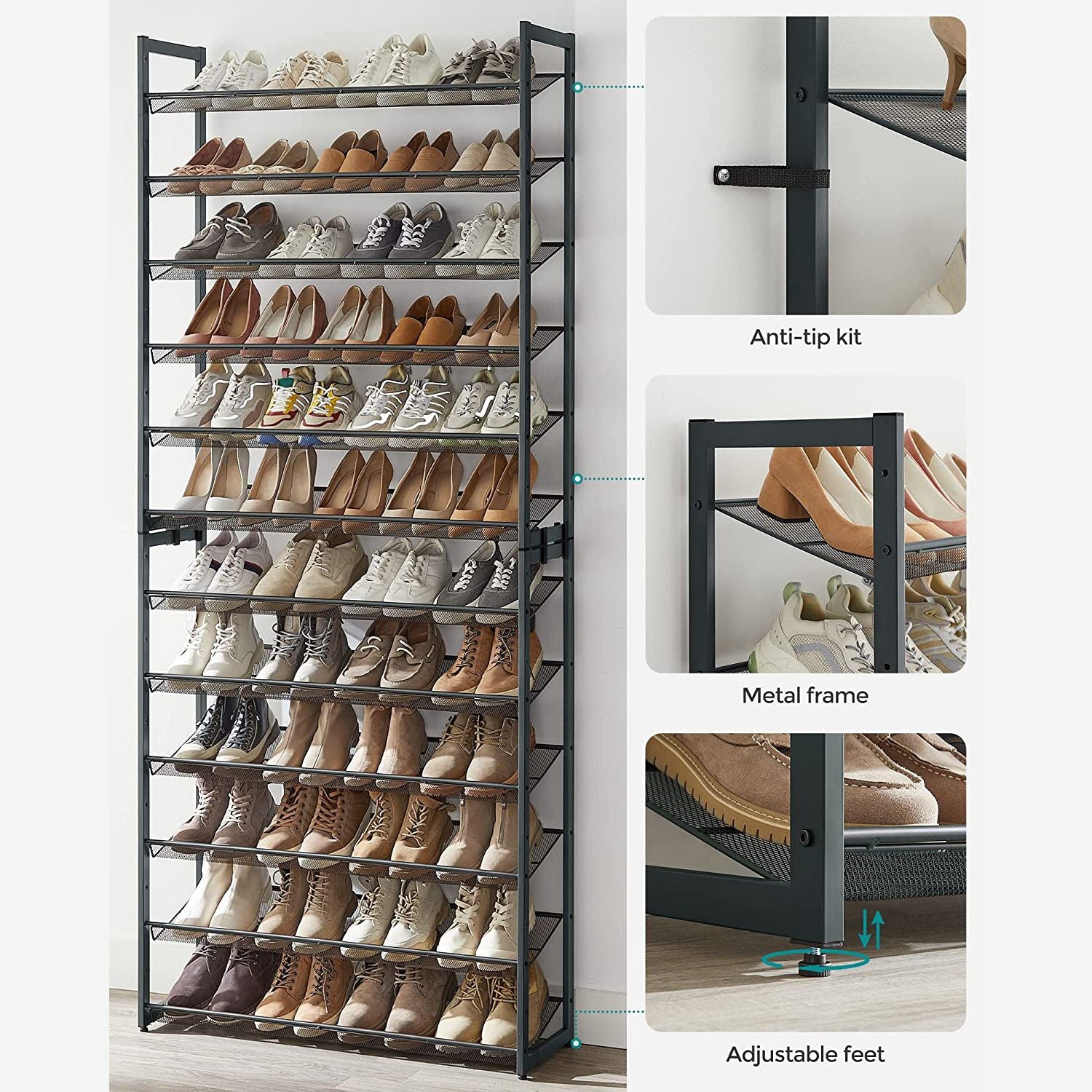 12-Tier Metal Shoe Storage Organizer - Grey