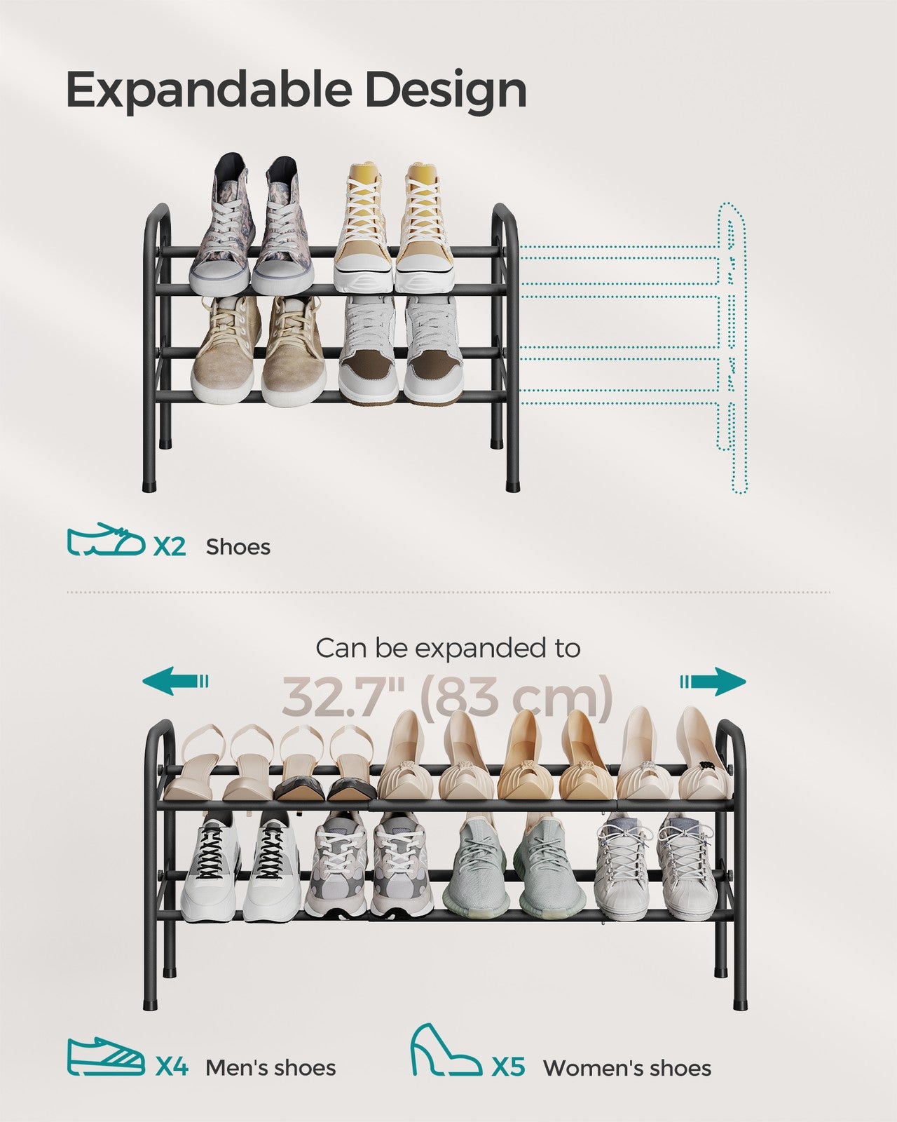 2 Tier Expandable Shoe Rack - Holds Up to 15 Pairs of Shoes - Ink Black