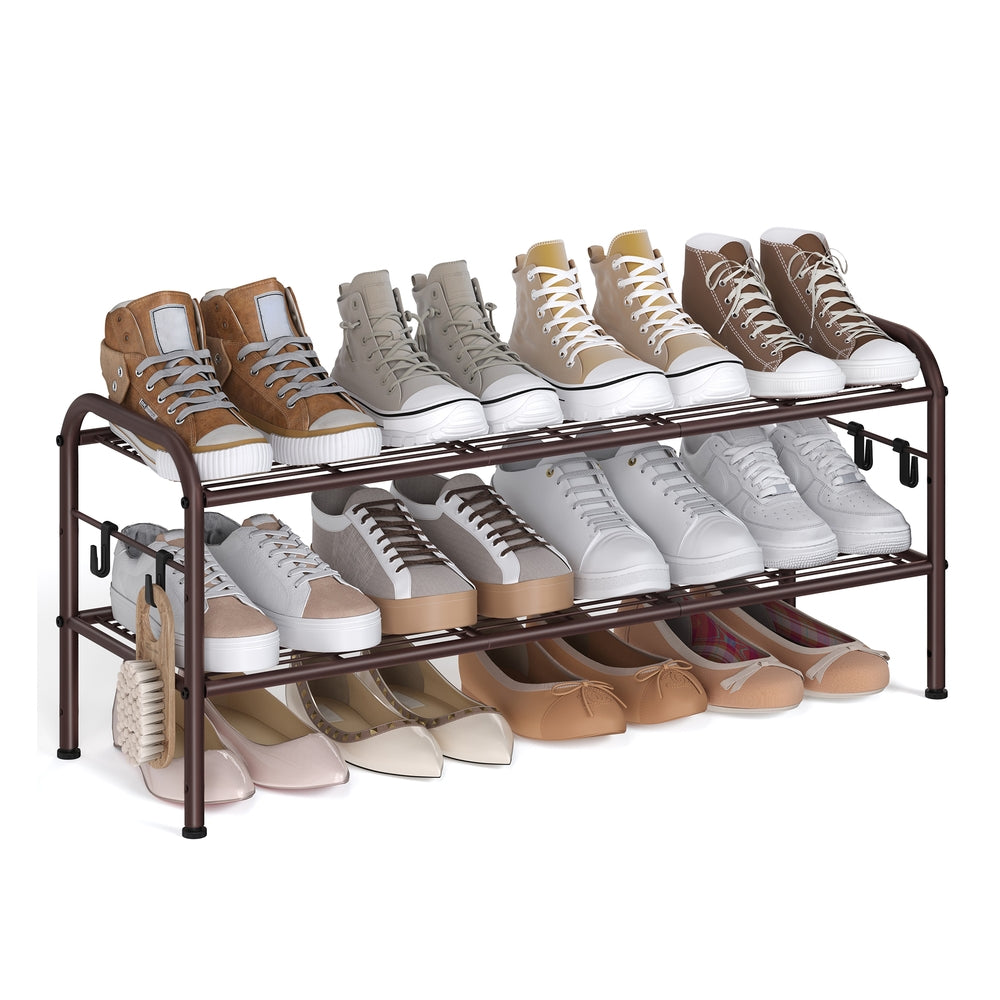 Shoe Rack 4-Tier Shoe Organizer Holds 15 Pairs of Shoes Ink Black - Chestnut Brown - 11"D x 33.5"W x 13.7"H
