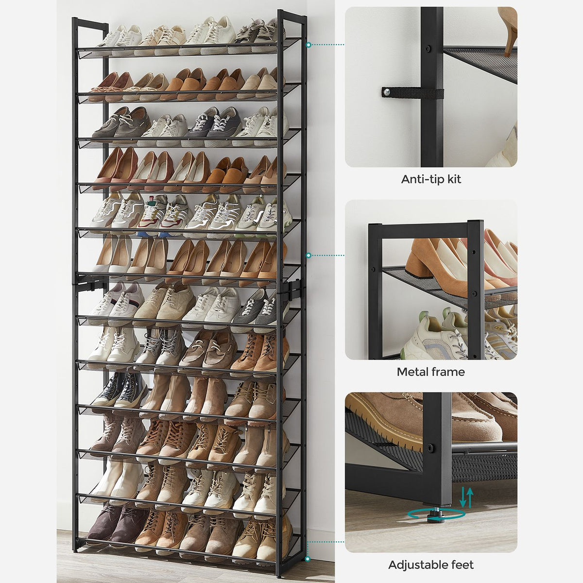 Metal Shoe Storage Organizer - 12-Tier - Holds Up to 60 Pairs