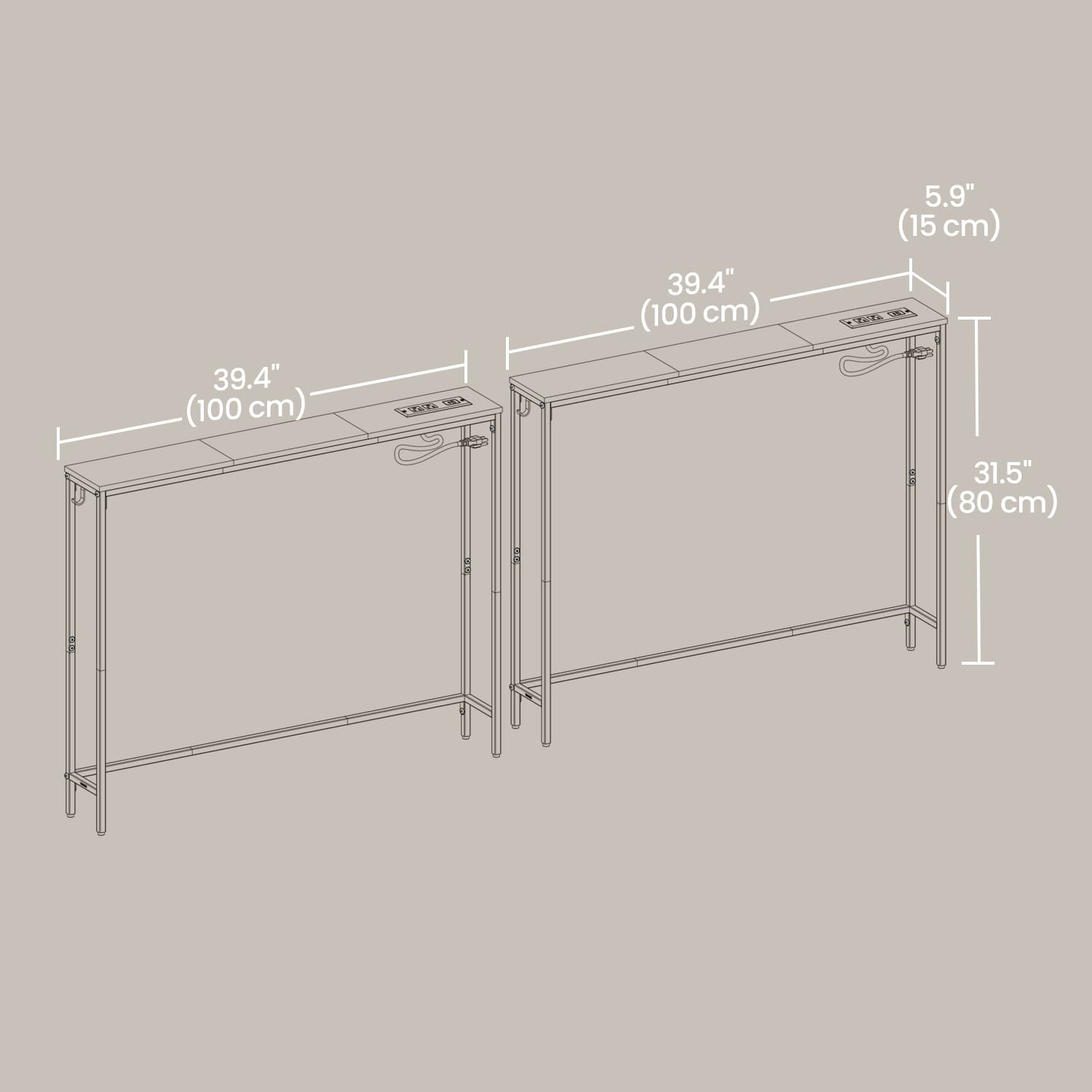 Slim Console Table with Power Outlets for Sofa and Entryway - Ebony Black, Ink Black