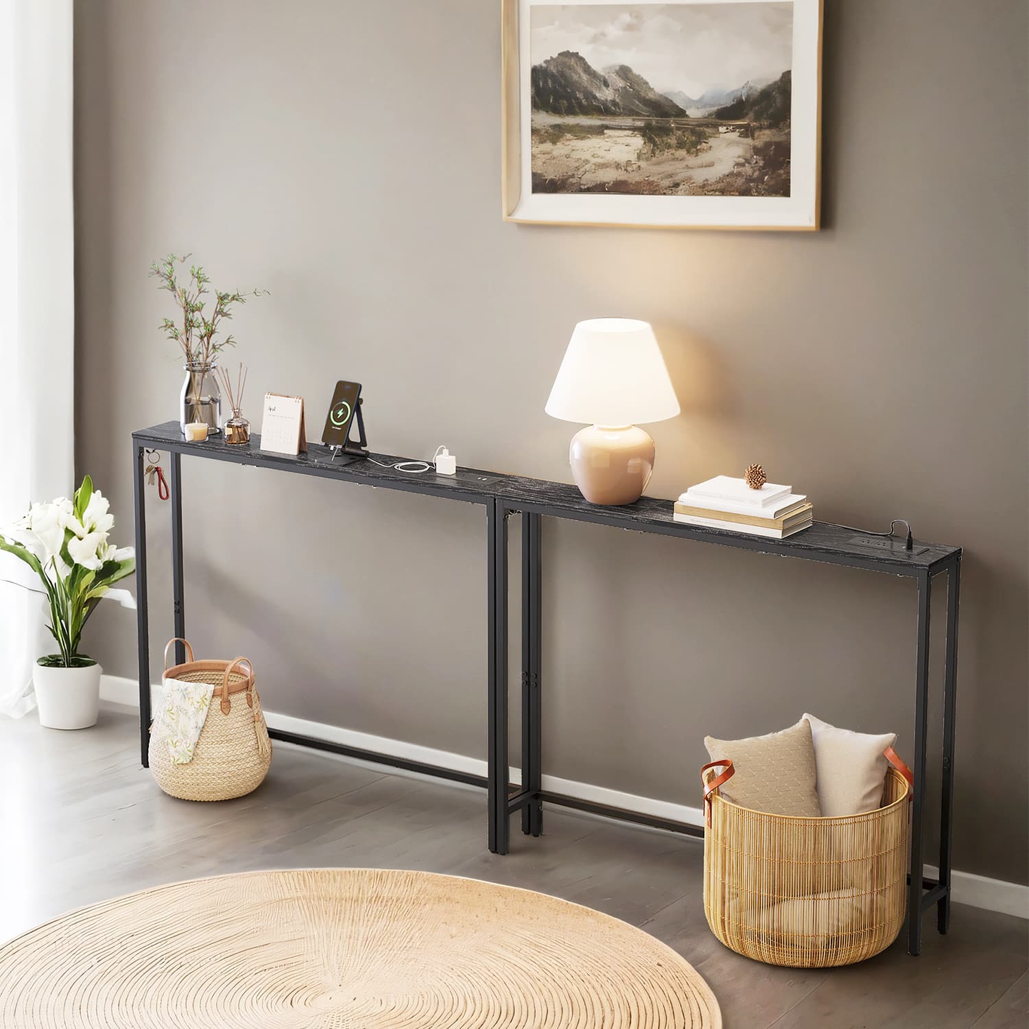Slim Console Table with Power Outlets for Sofa and Entryway - Ebony Black, Ink Black