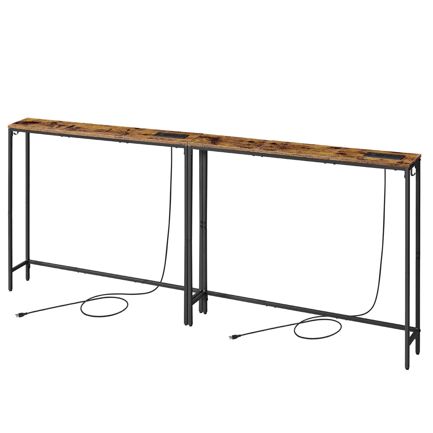 Slim Console Table with Power Outlets for Sofa and Entryway - Rustic Brown, Ink Black