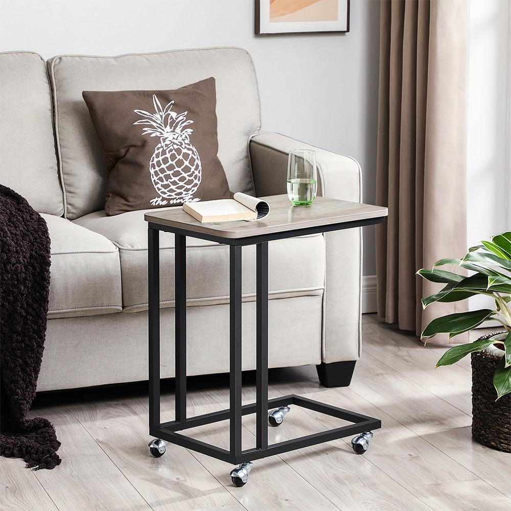 C-Shaped Side Table - Rolling Casters - For Sofa Or Bed
