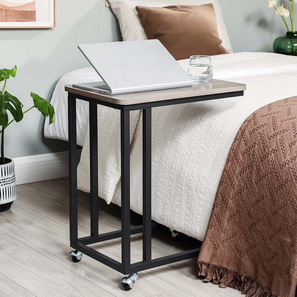 C-Shaped Side Table - Rolling Casters - For Sofa Or Bed