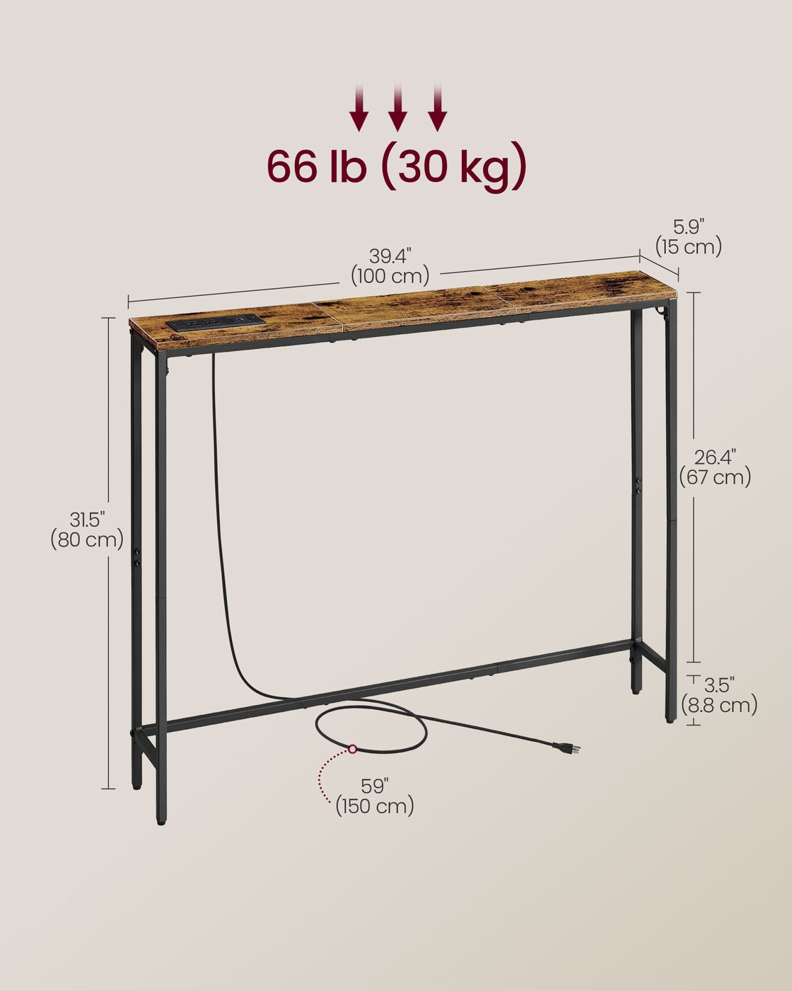 Slim Console Table with Power Outlet and Hook