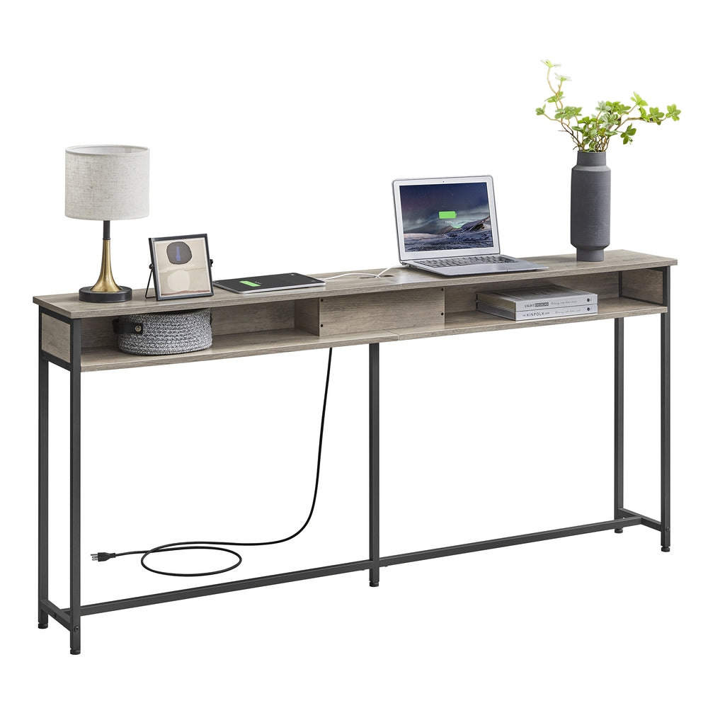 70 Inch Console Table with Outlet and Shelves - Greige, Black
