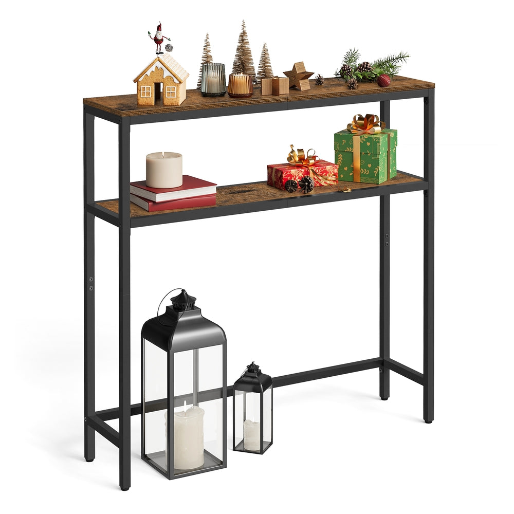 2-Tier Console Table with 2 Shelves - Rustic Brown, Ink Black - 7.9"D x 31.5"W x 31.5"H