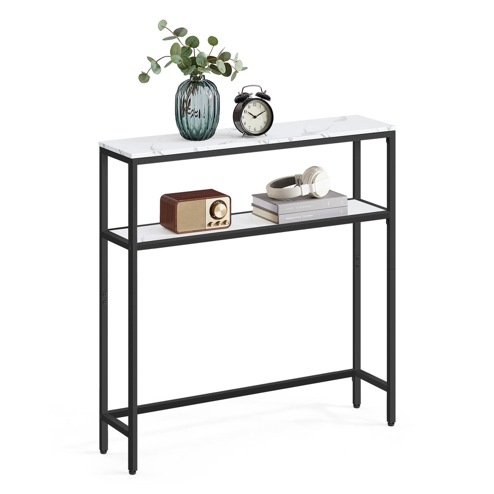 2-Tier Console Table with 2 Shelves - Marble White, Ink Black - 7.9"D x 31.5"W x 31.5"H