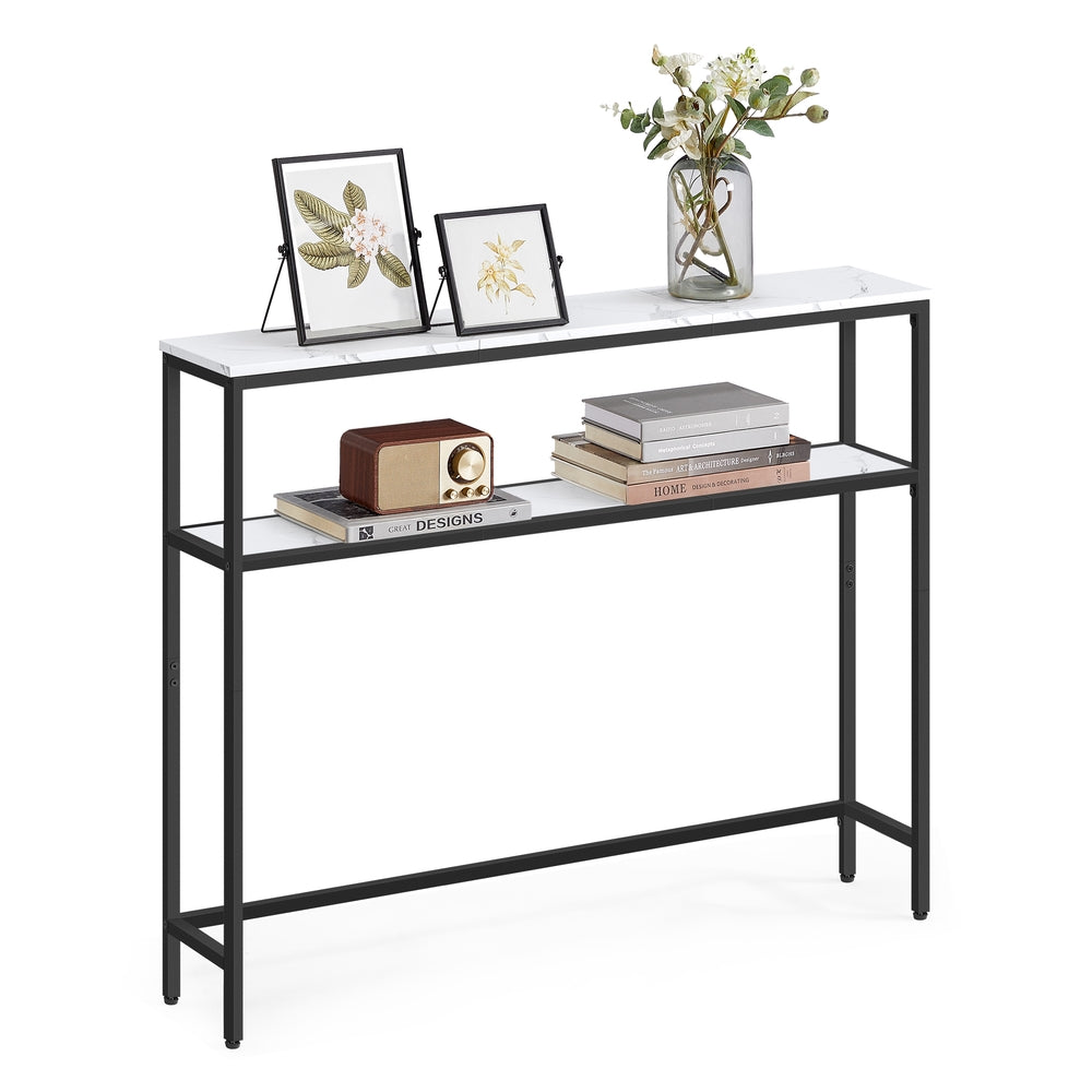 2-Tier Console Table with 2 Shelves - Marble White, Ink Black - 7.9"D x 39.4"W x 31.5"H