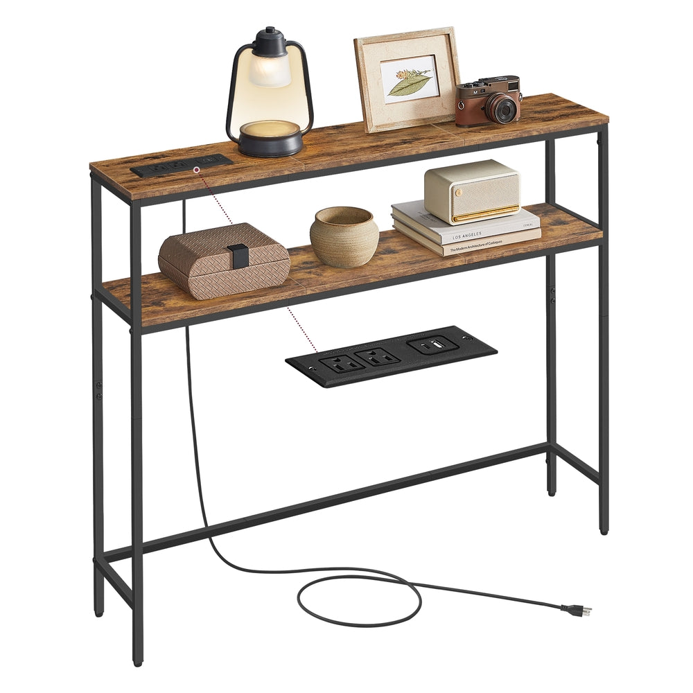 Console Table with Power Outlet - 2-Tier Narrow Sofa Table with 2 Shelves - Rustic Brown - Large