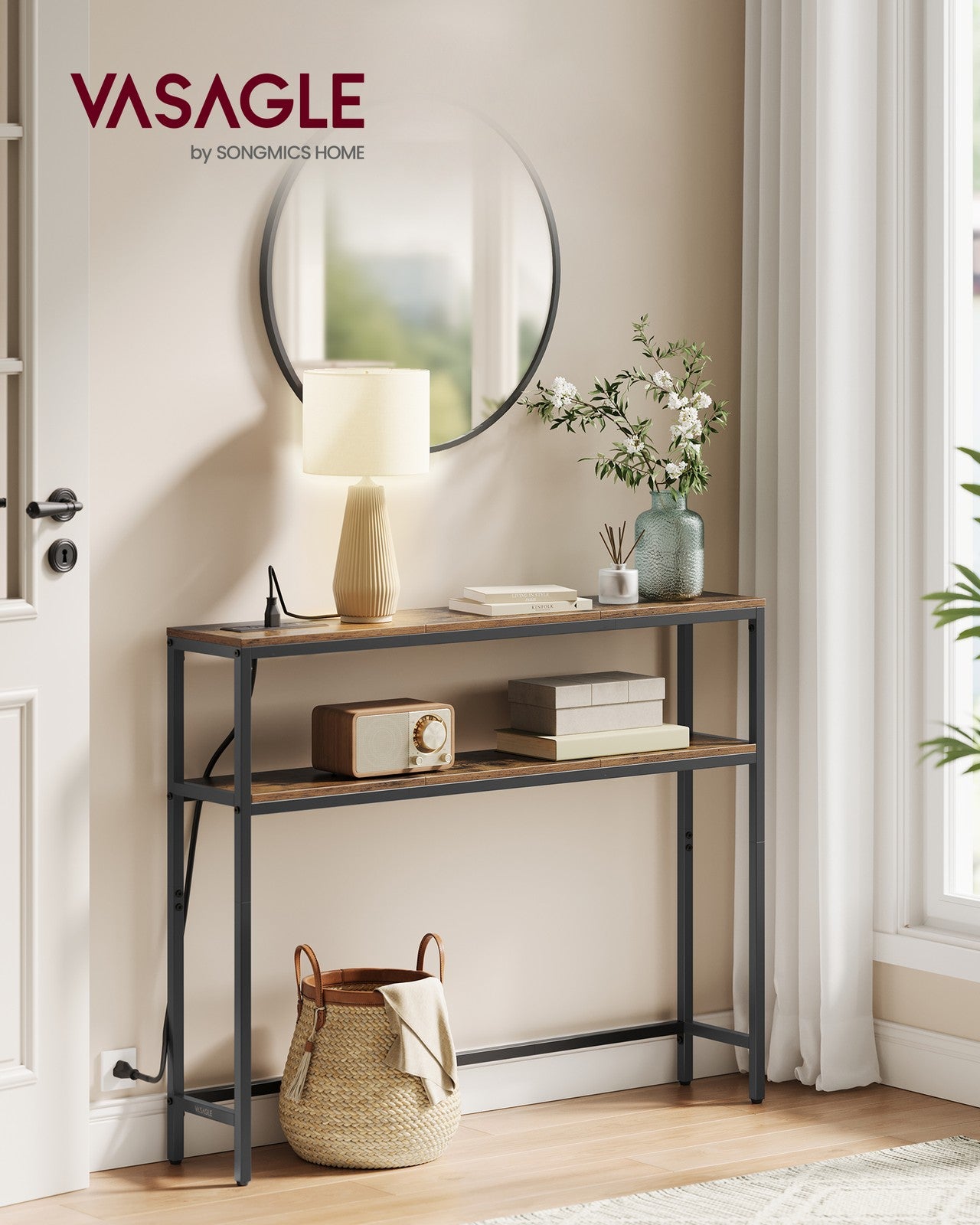 Console Table with Power Outlet - 2-Tier Narrow Sofa Table with 2 Shelves