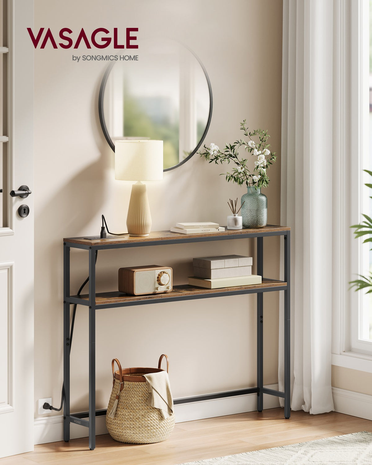 Console Table with Power Outlet - 2-Tier Narrow Sofa Table with 2 Shelves