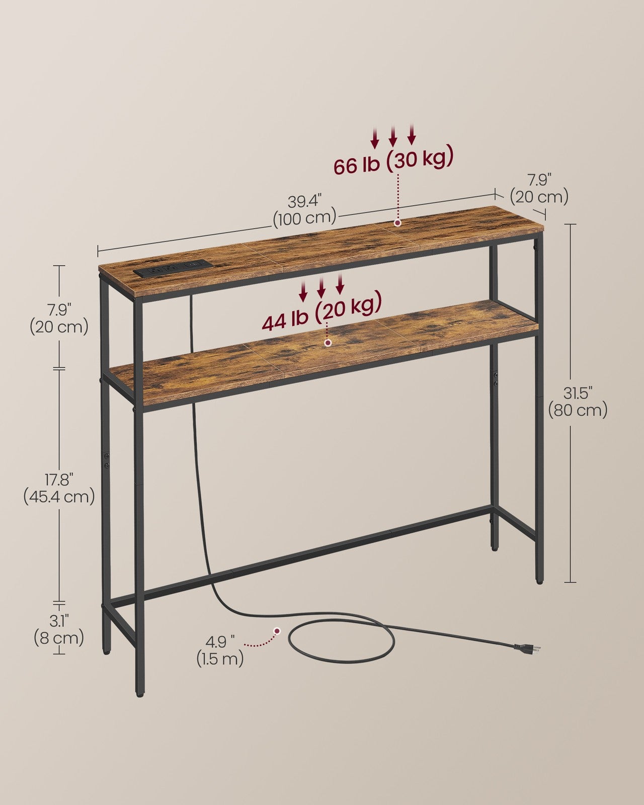 Console Table with Power Outlet - 2-Tier Narrow Sofa Table with 2 Shelves