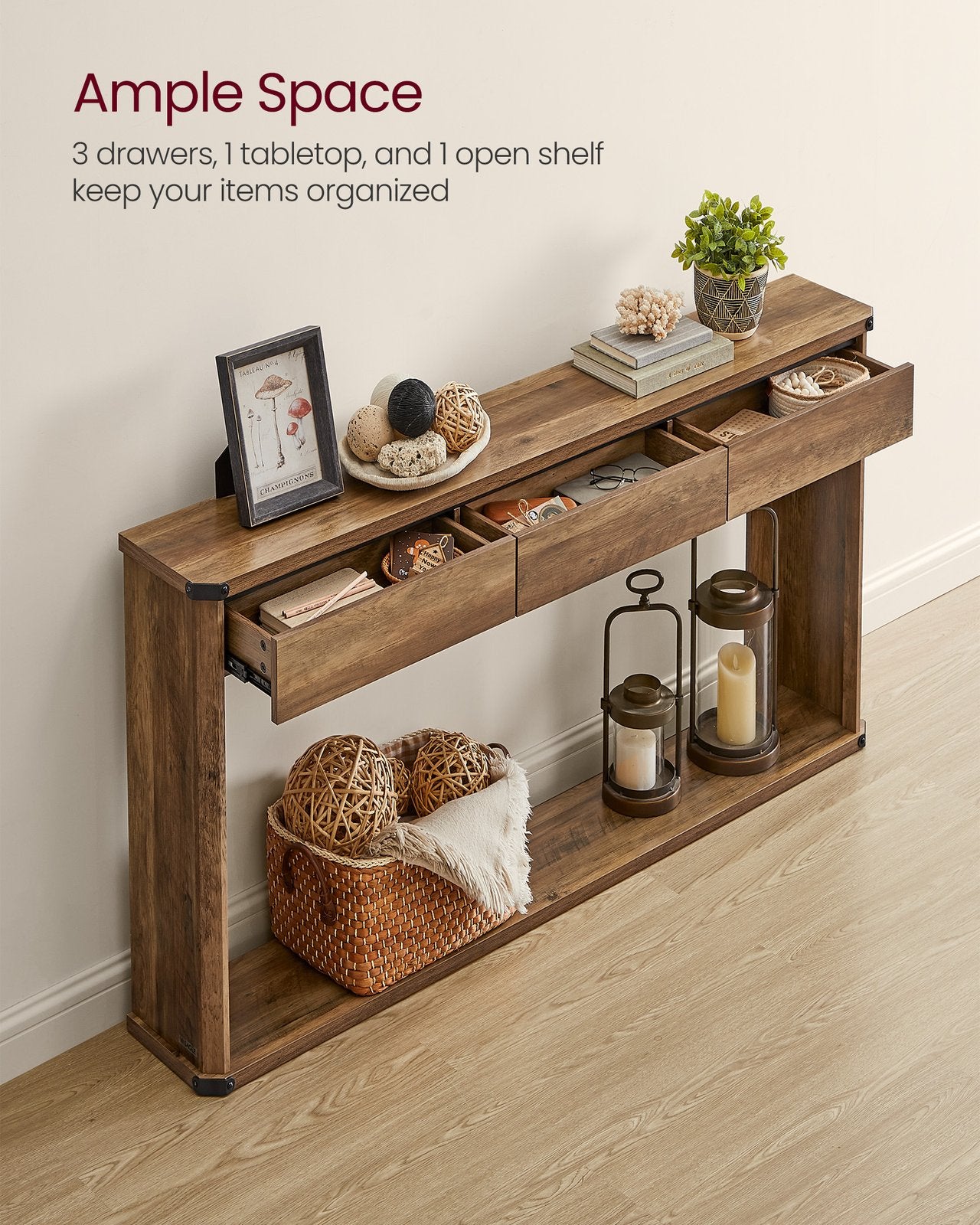 47.2 Inches Console Table with 3 Drawers - Honey Brown