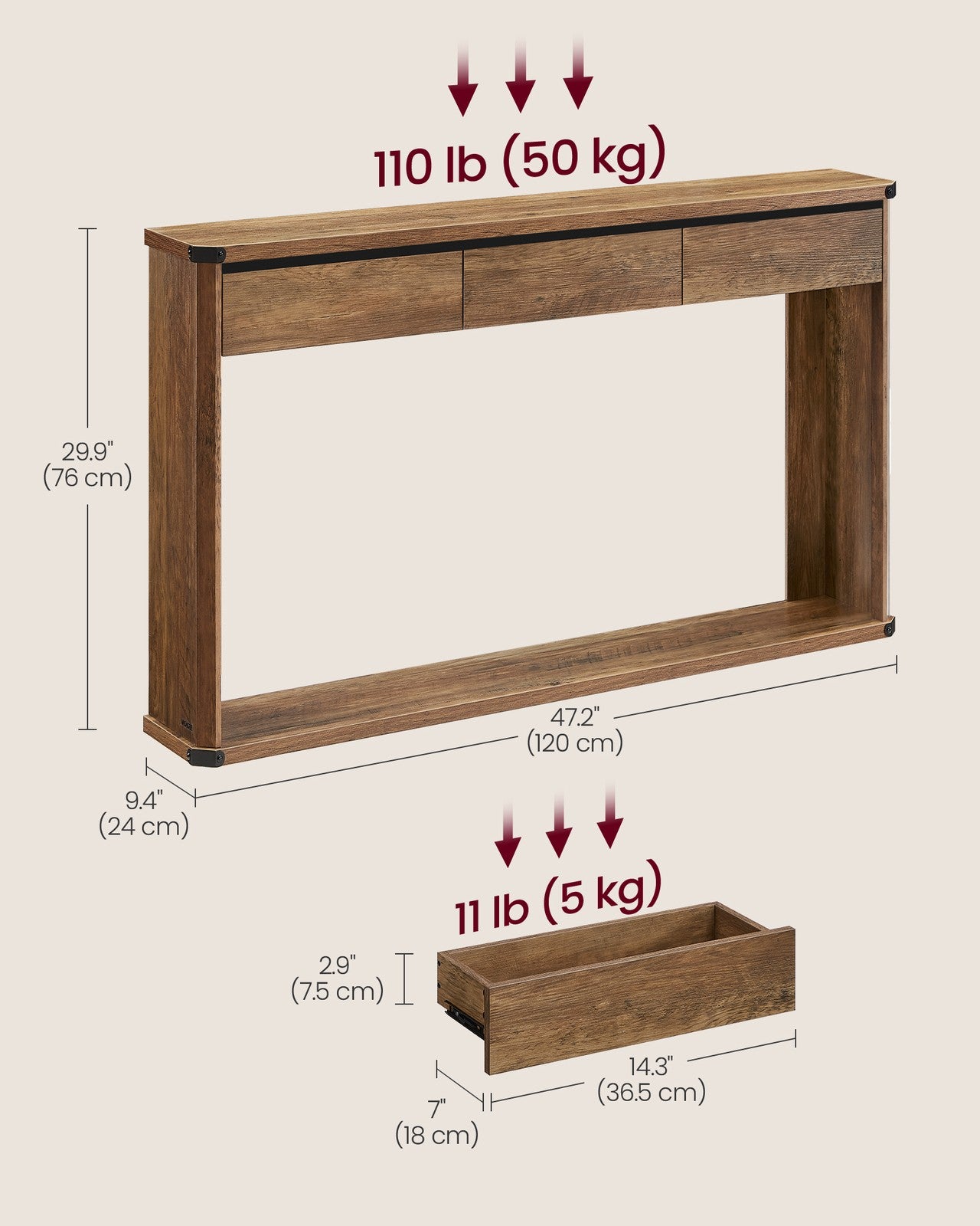 47.2 Inches Console Table with 3 Drawers - Honey Brown