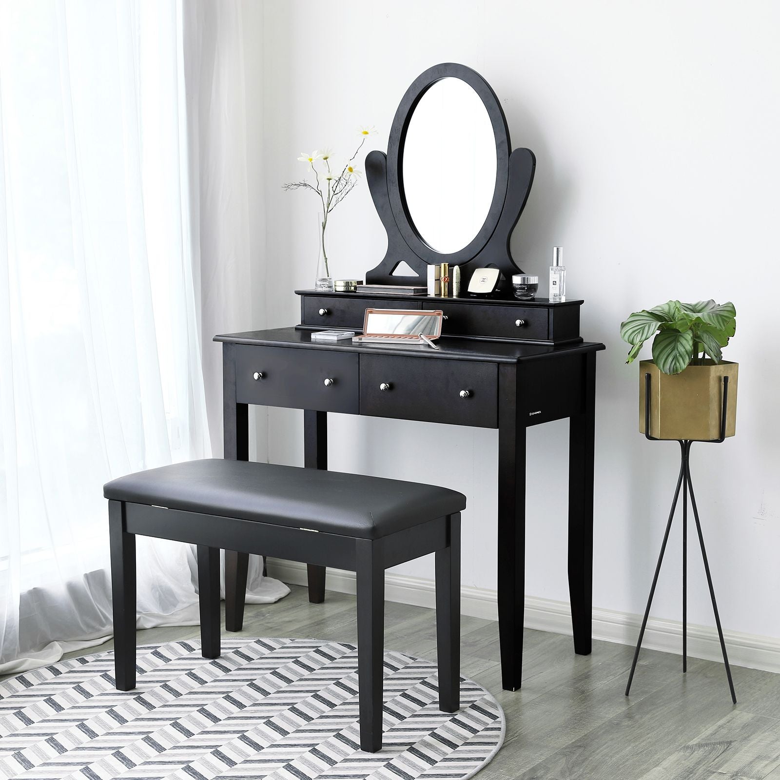 Duet Piano Bench with Padded Cushion and Storage Compartment - Ink Black