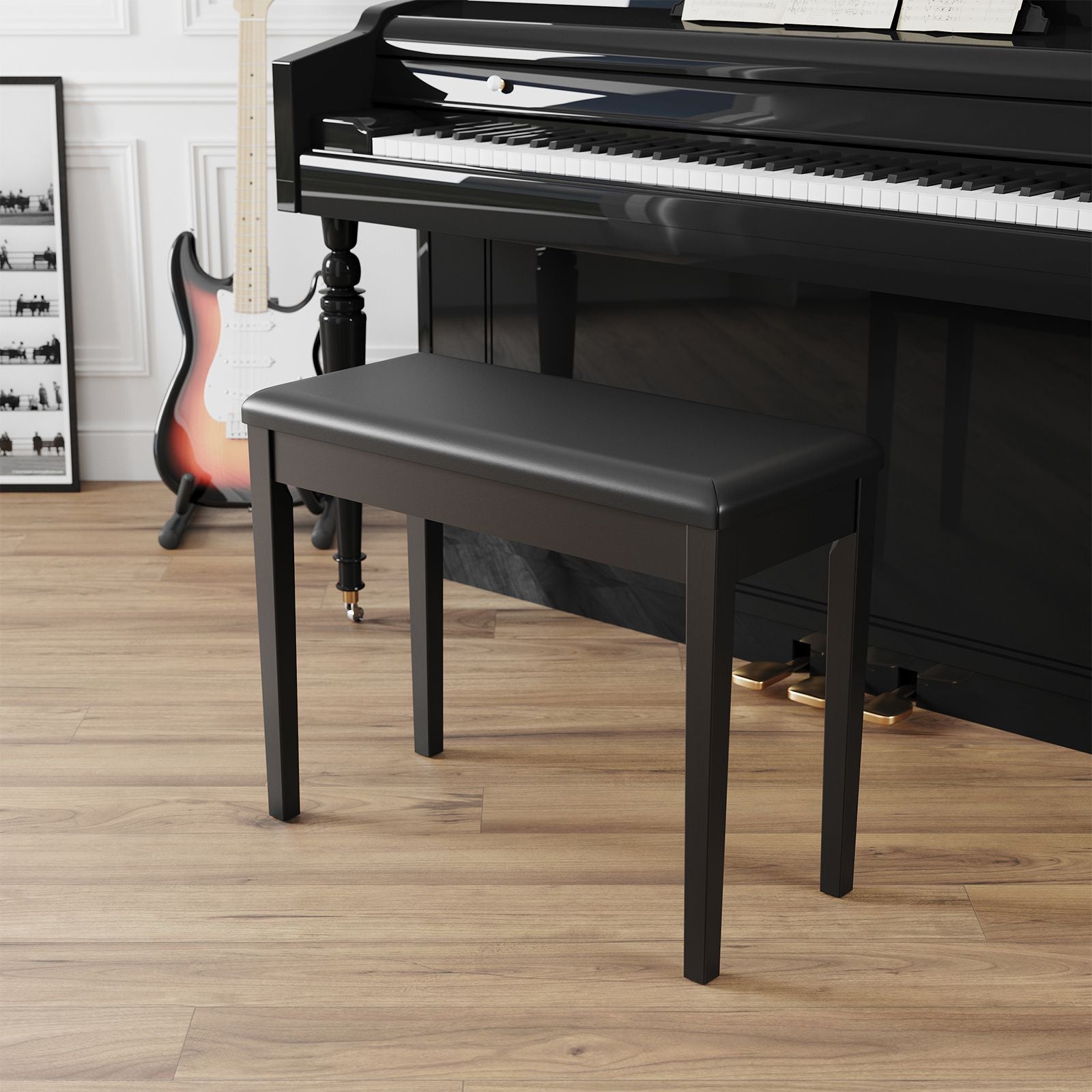 Duet Piano Bench with Padded Cushion and Storage Compartment - Ink Black