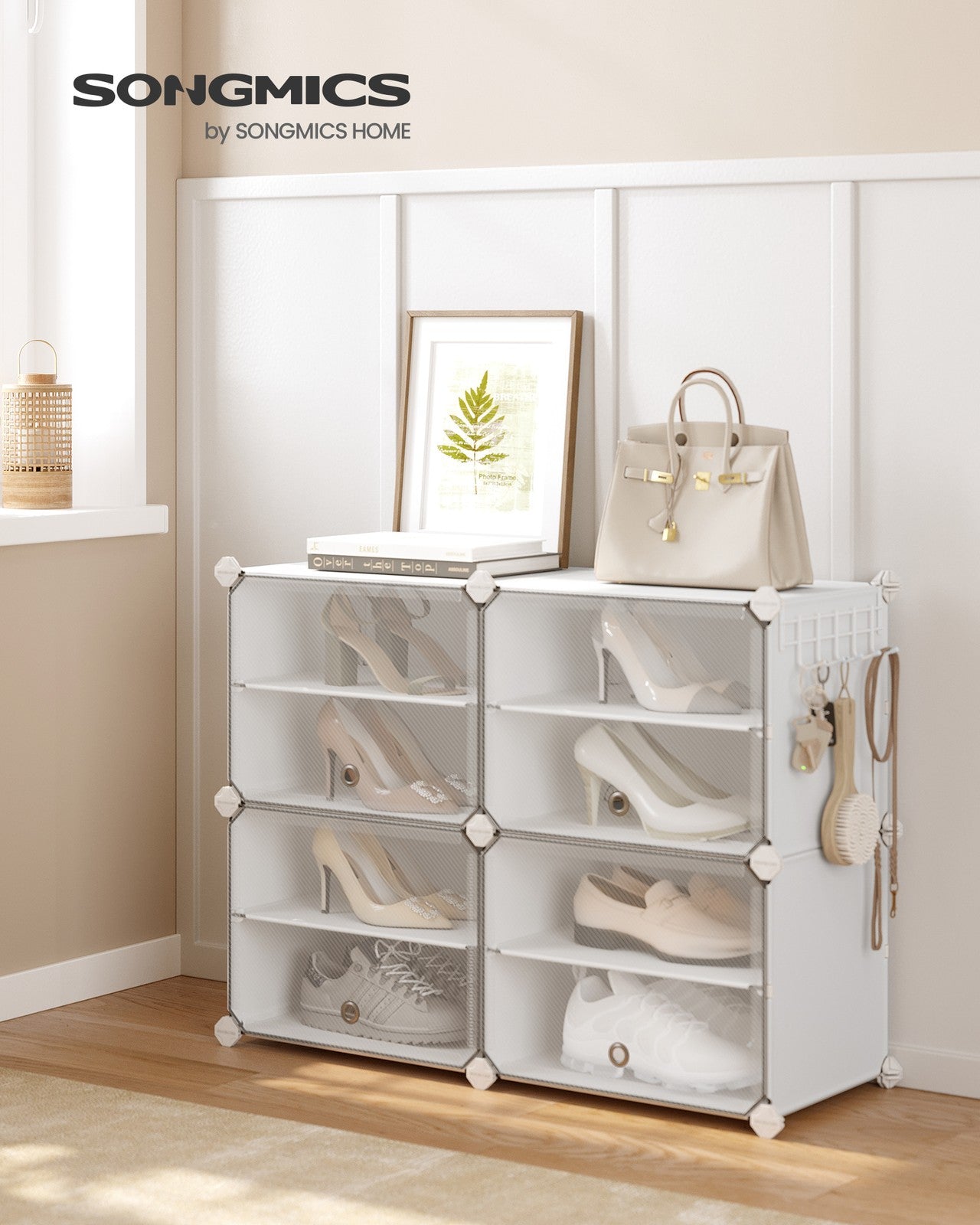 4-Cube Plastic Shoe Rack with Doors - Holds Up to 16 Pair of Shoes - White