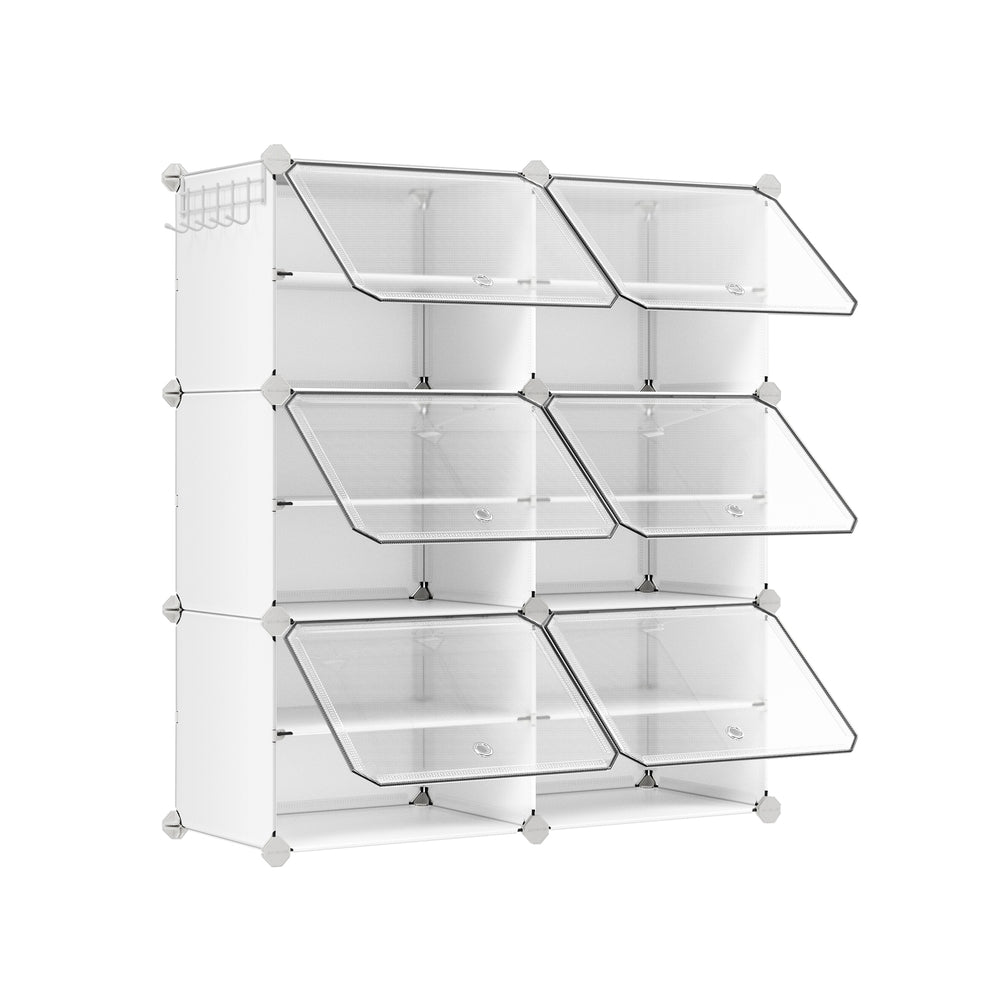 4-Cube Plastic Shoe Rack with Doors - Holds Up to 16 Pair of Shoes - Cloud White, Transparent