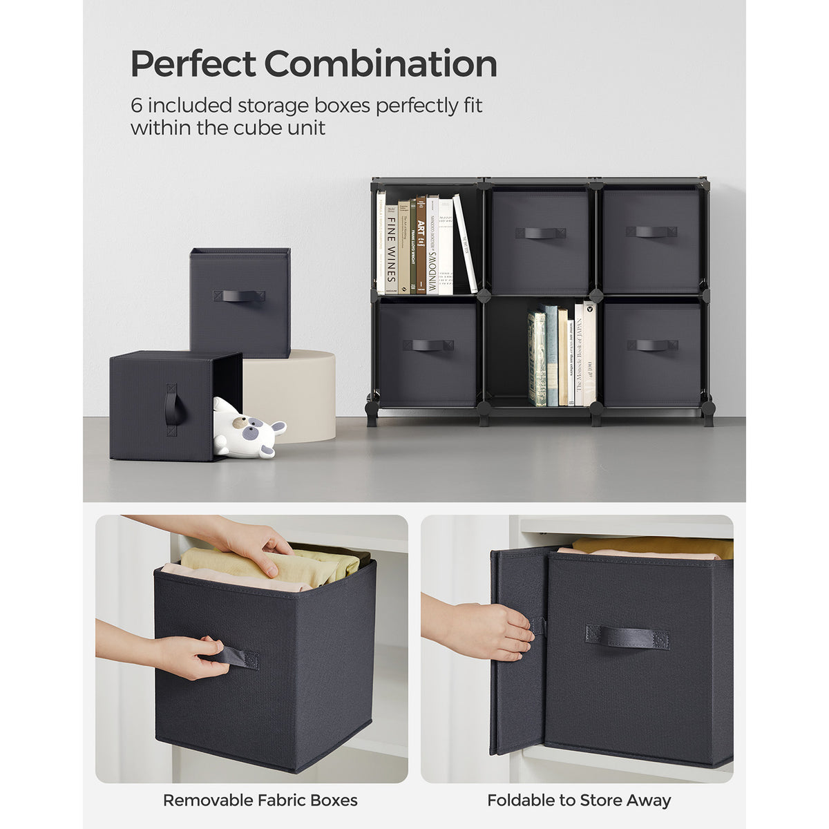 Cube Storage Organizer with Storage Boxes - Set of 6 - Black, Gray