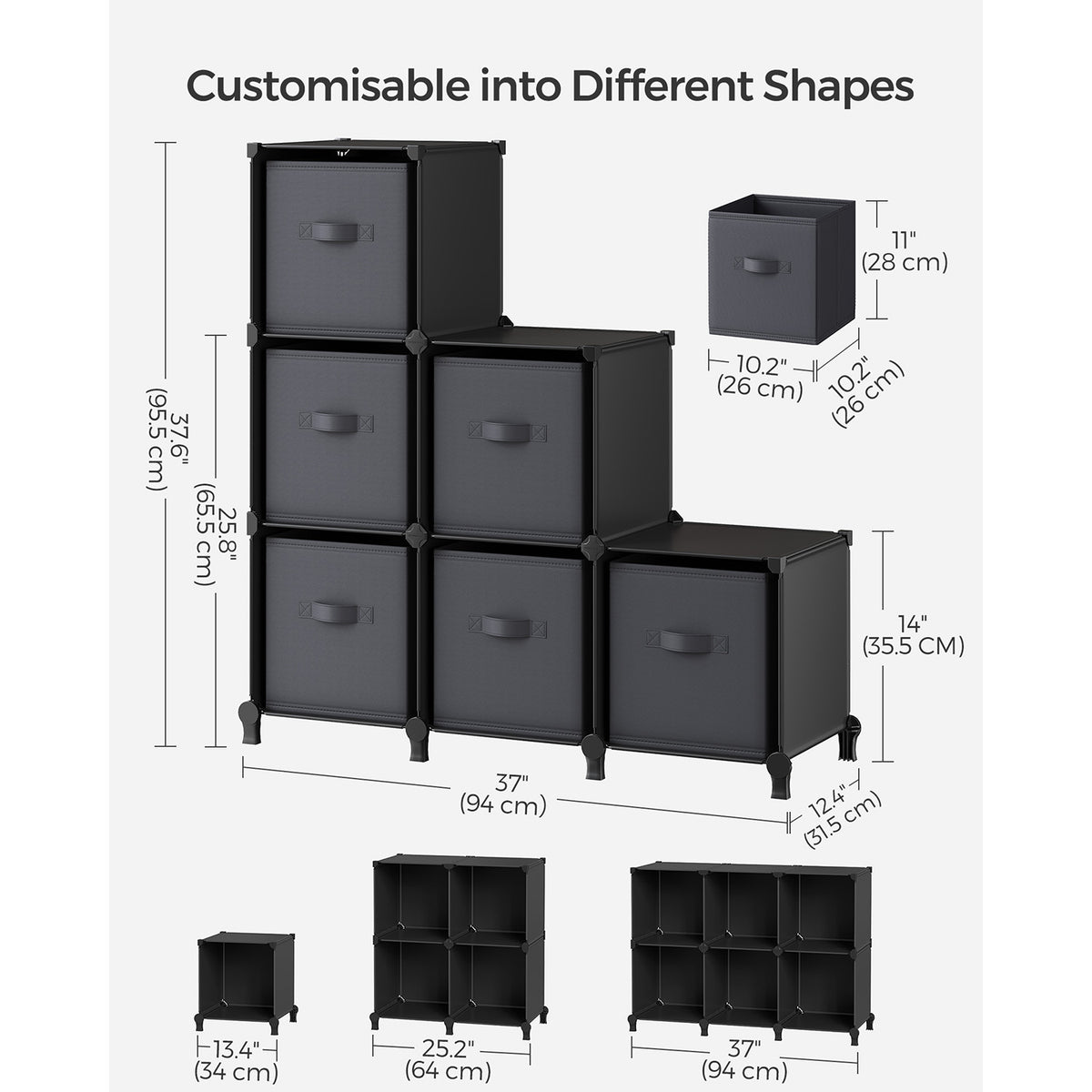 Cube Storage Organizer with Storage Boxes - Set of 6 - Black, Gray