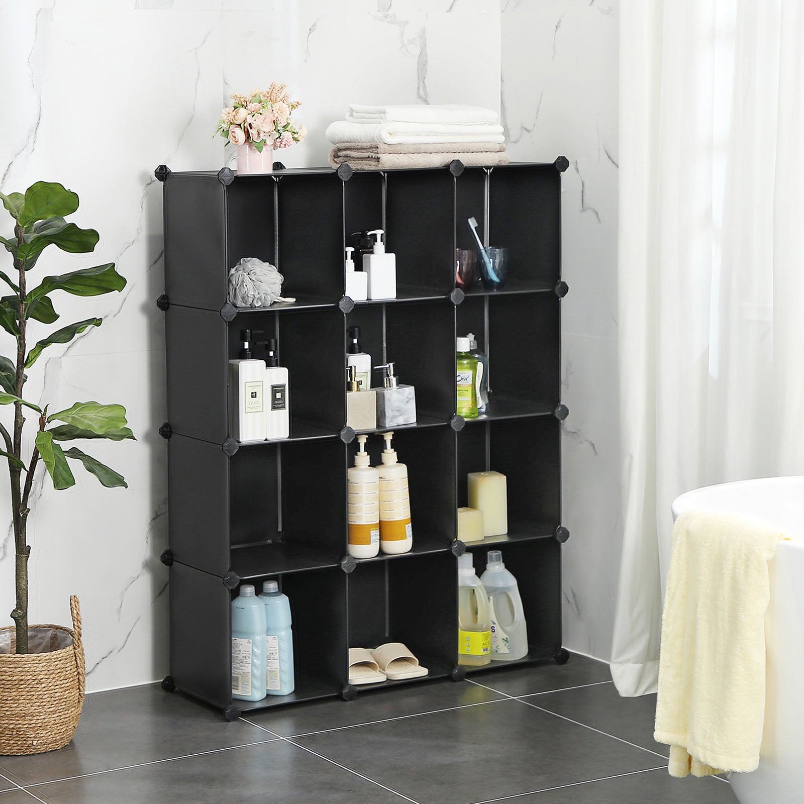 Set of 12 Plastic Cubes Storage Organizer - Black