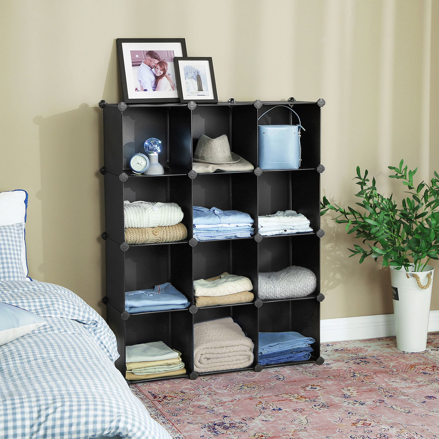 Set of 12 Plastic Cubes Storage Organizer - Black