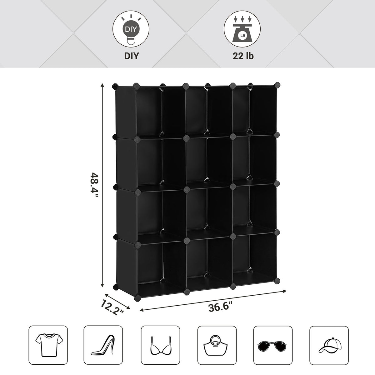 Set of 12 Plastic Cubes Storage Organizer - Black