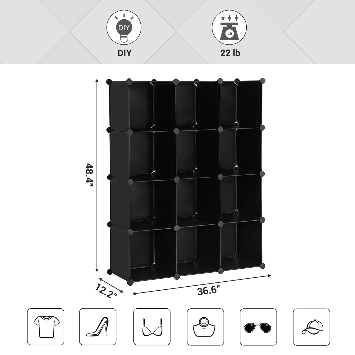 Set of 12 Plastic Cubes Storage Organizer - Black